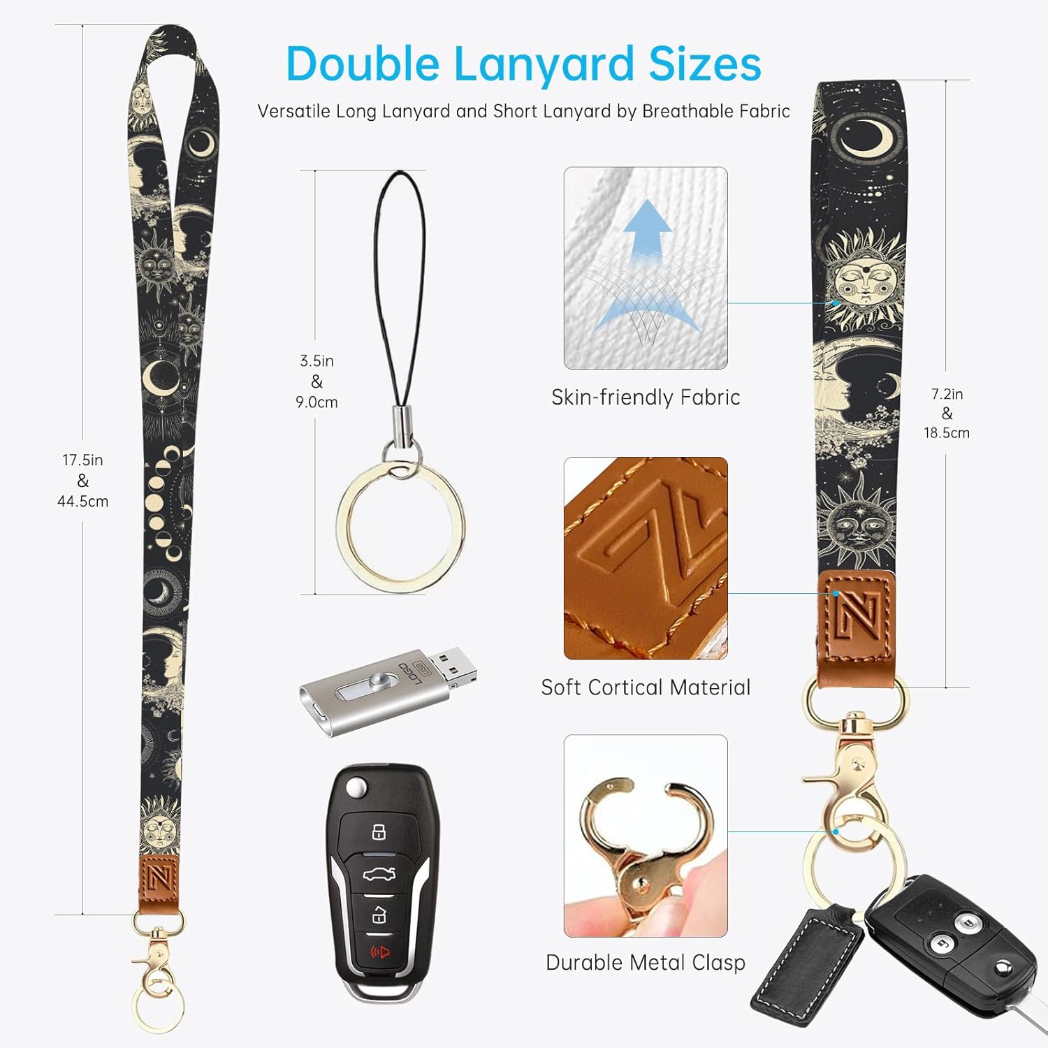 Sun and Moon 2-in-1 ID Badge Holder & Lanyard Wallet for Teachers,Nurse,Professionals-Cute Zippered Coin Pouch,Removable Wristlet & Neck Lanyard,5 Card Slots Stylish Work Essential - Image 4