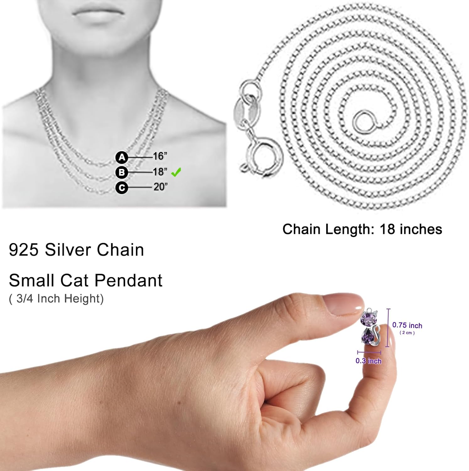 DreamsEden Cat Necklace, 18'' Silver Box Chain Women's Amethyst Cat Pendant Jewelry, Purple (Gift Box & Greeting Card) - Image 3