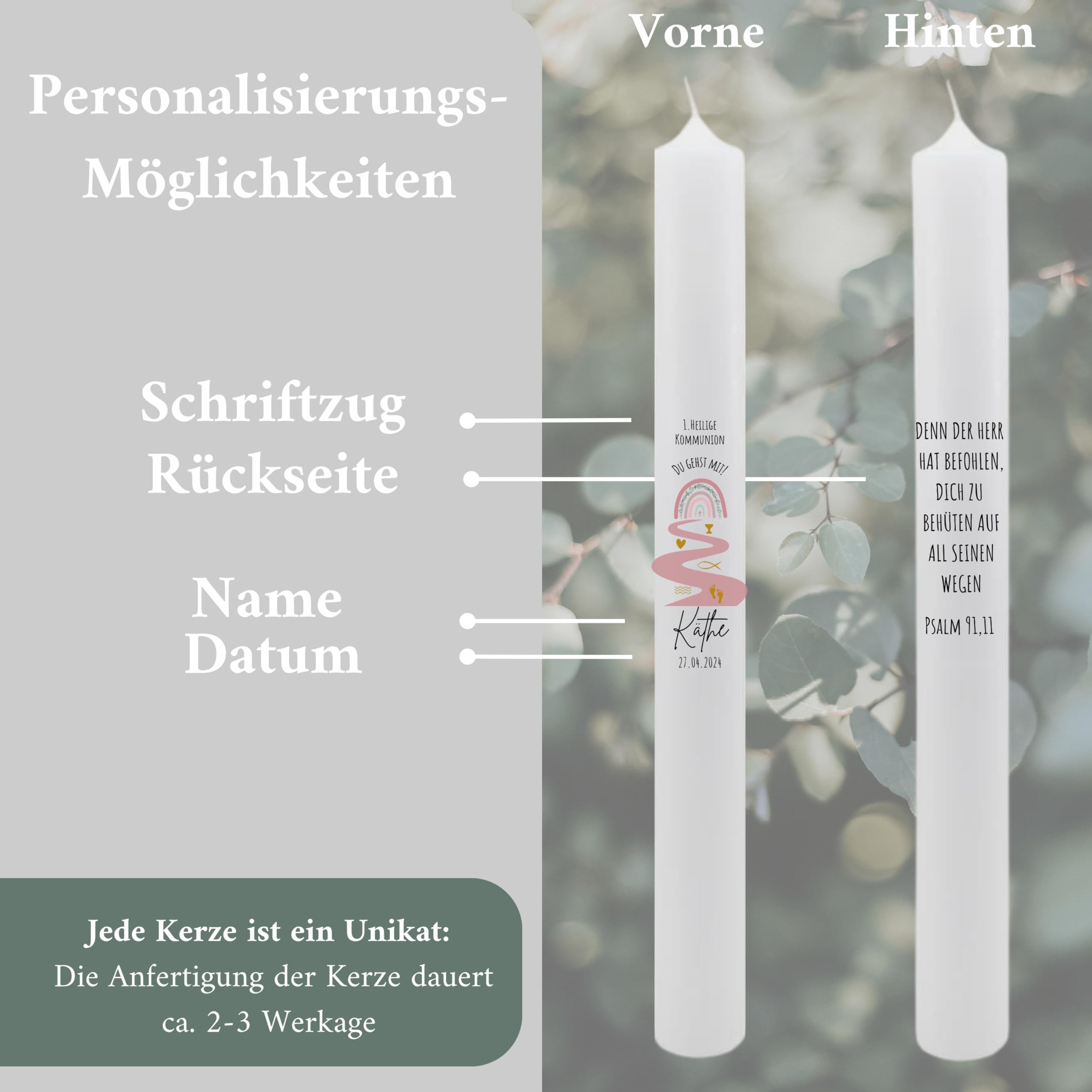 VILLA ROSA LOTTA – Personalisierbare Kommunionkerze „Du gehst mit“ mit Wunschdaten und Rückseite | Regenbogen Wellen Rosa | 40 cm x 4 cm | für Jungen und Mädchen | Altarkerze elfenbein