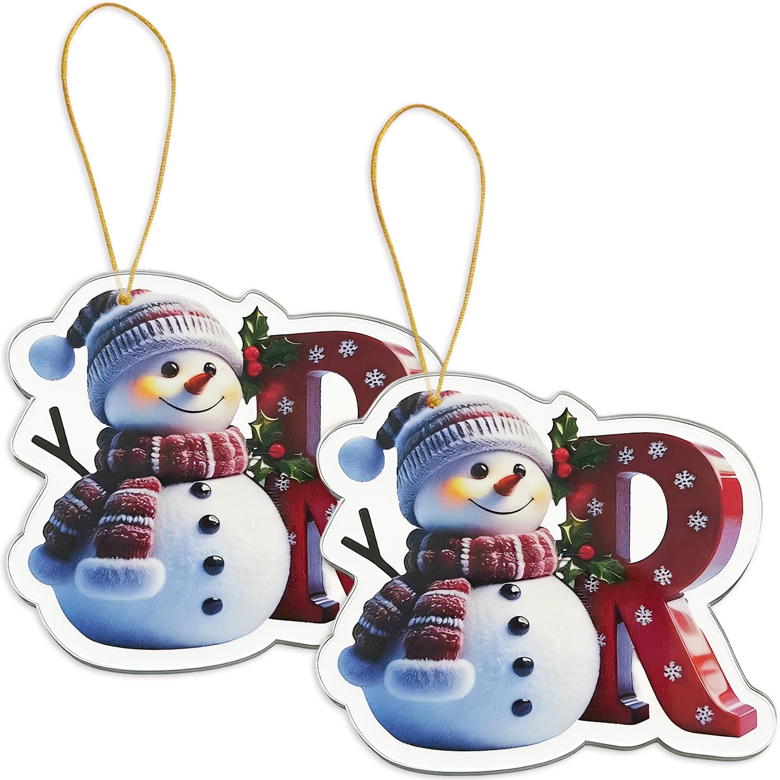 FAMINESS 2PCS 2D Acrylic Letter R Snowman Christmas Ornaments - 26 Alphabet Tree Decorations Hanging Ornaments for Party Gifts