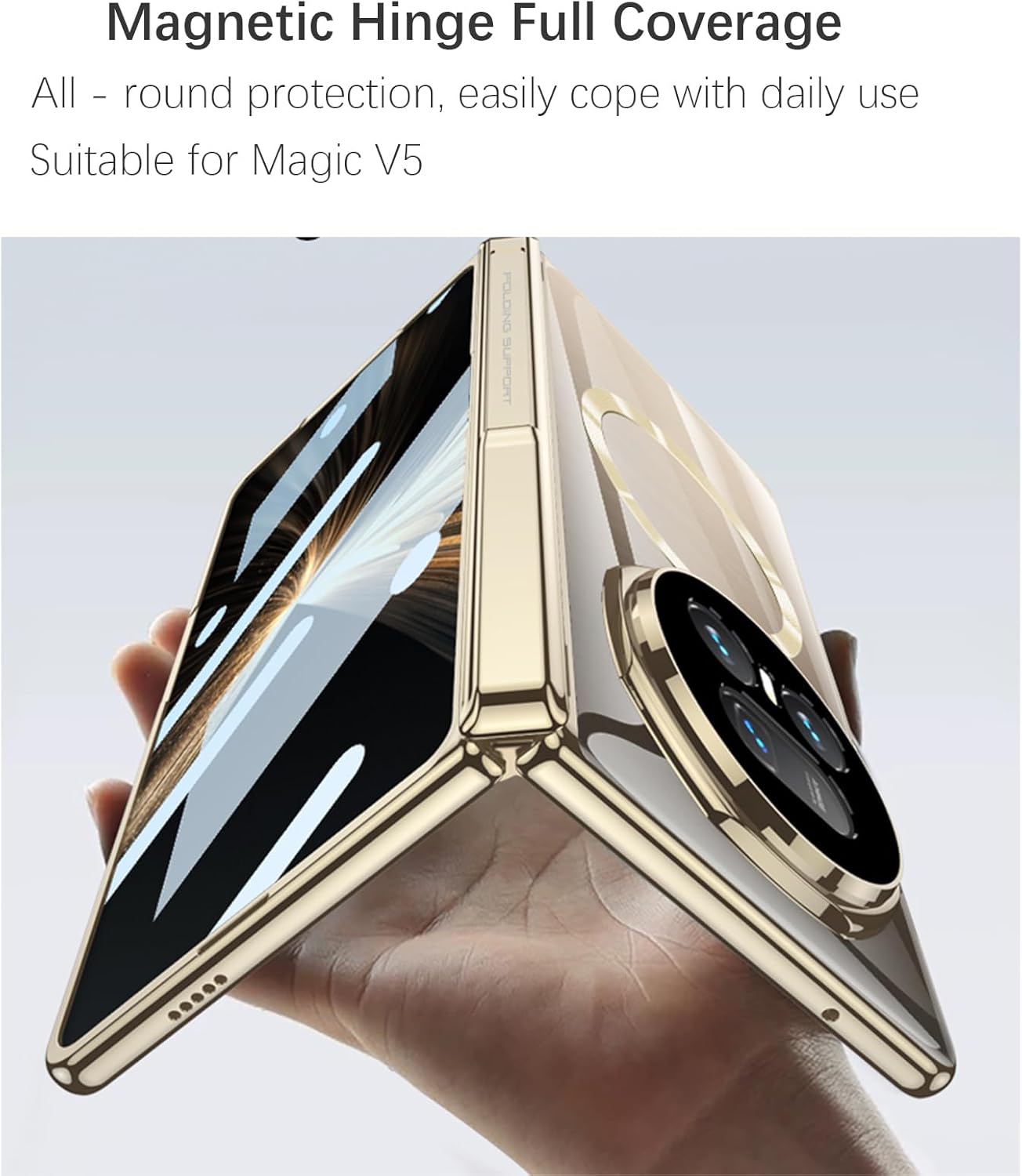 Compatible with Honor Magic V5 Case with Built-in Screen Protector[Magnetic Hinge] Kickstand Cover,Yellowing Transparent Cover [Wireless Charging Friendly]Full-Body Shockproof Slim Phone Cases (Gold)