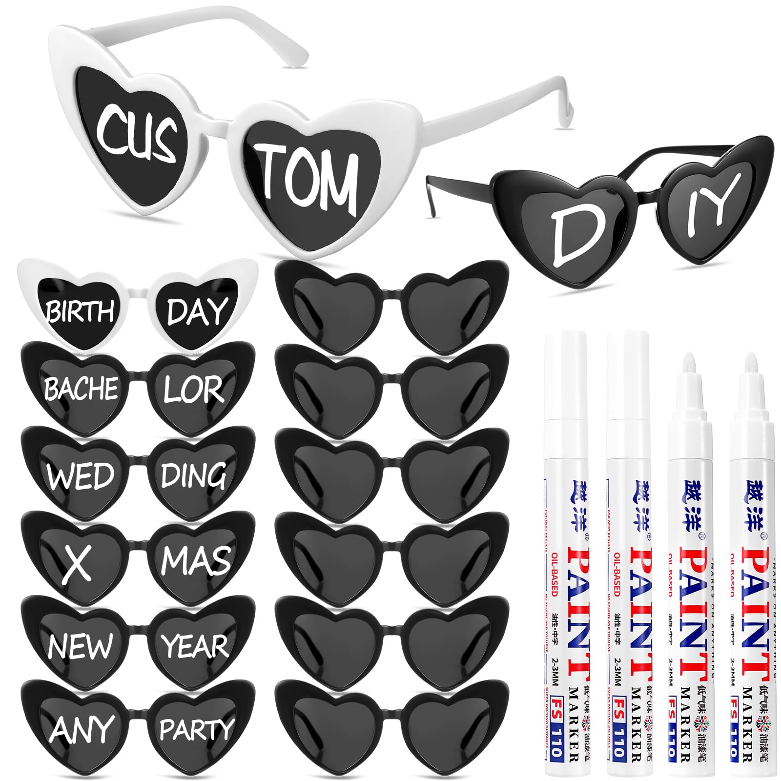 12 Pcs Personalized Heart Shaped Sunglasses Bulk Heart Glasses with 4 Paint Pens for DIY Wedding Party Favors