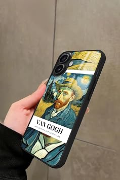 iPhone 16 Uyumlu Van Gogh Tasar ml  Glossy Premium K l f,  ift Katmanl , Siyah