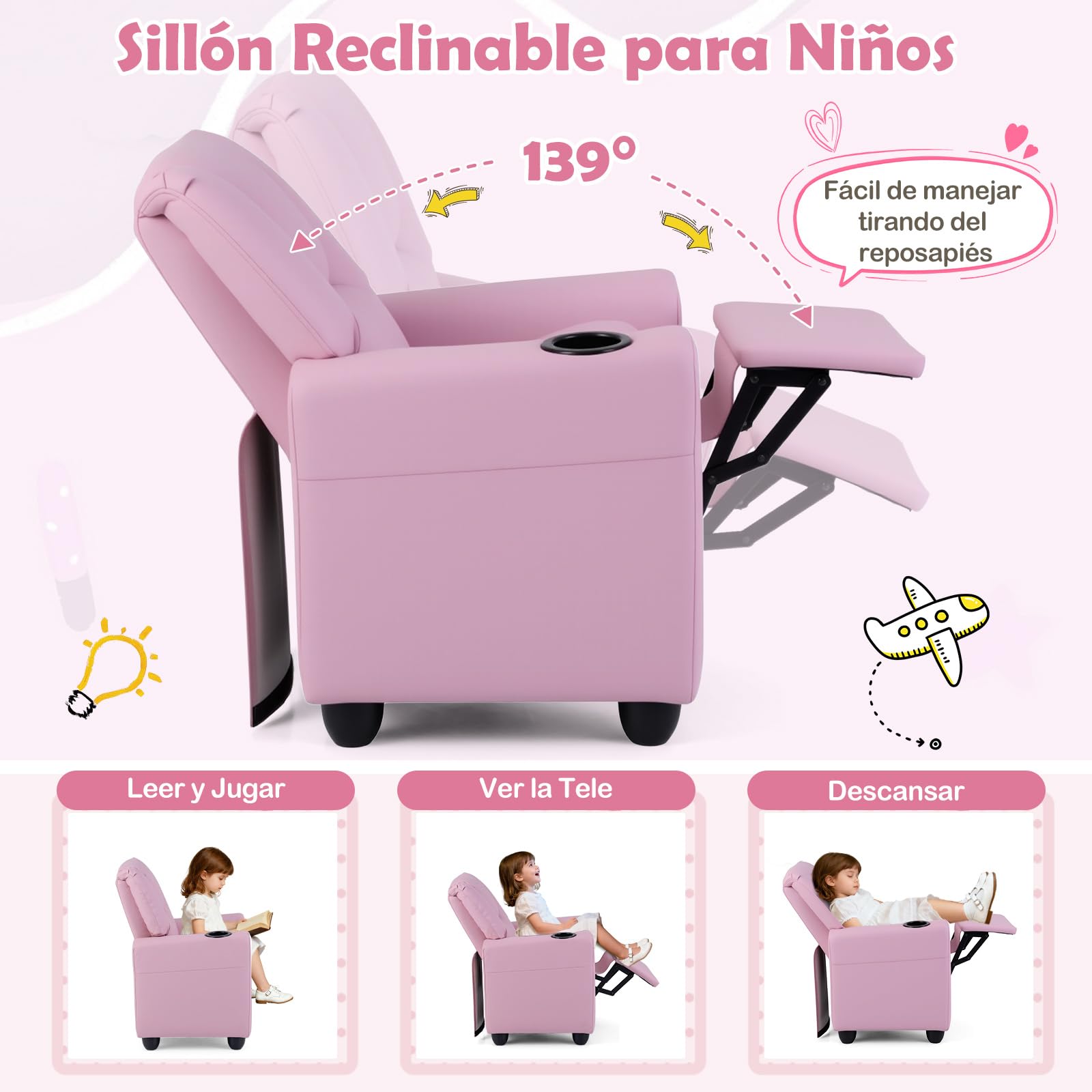 COSTWAY Sillón Reclinable para Niños, Sillón Reclinable con Portavasos y Reposapiés Ajustable para Sala de Estar y Área de Juegos, Silla para Niños de 3+ Años (Rosa)