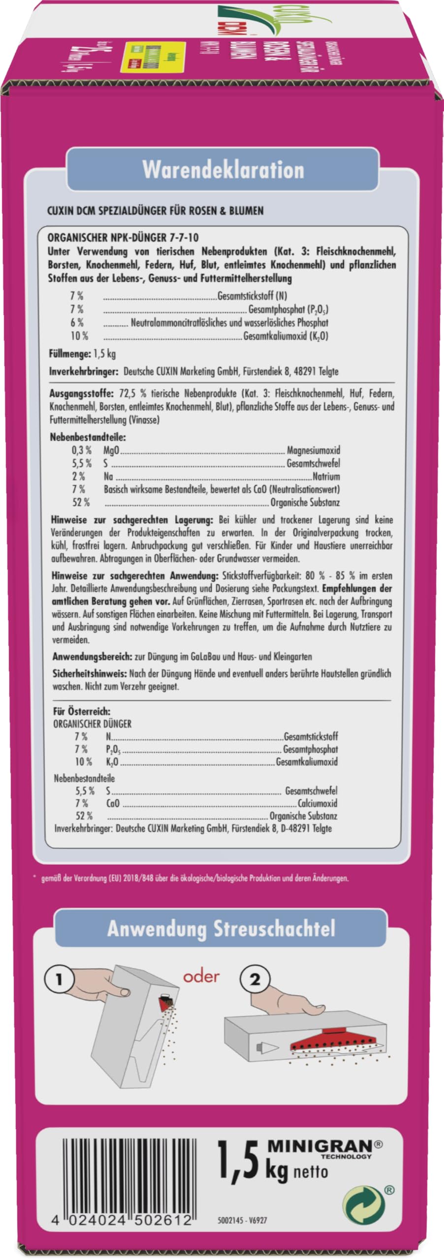 Cuxin Engrais bio Rose avec 3 mois Effet | également pour les fleurs et Clematis | Pure Nature Engrais organique |1,5kg | NPK 7–10