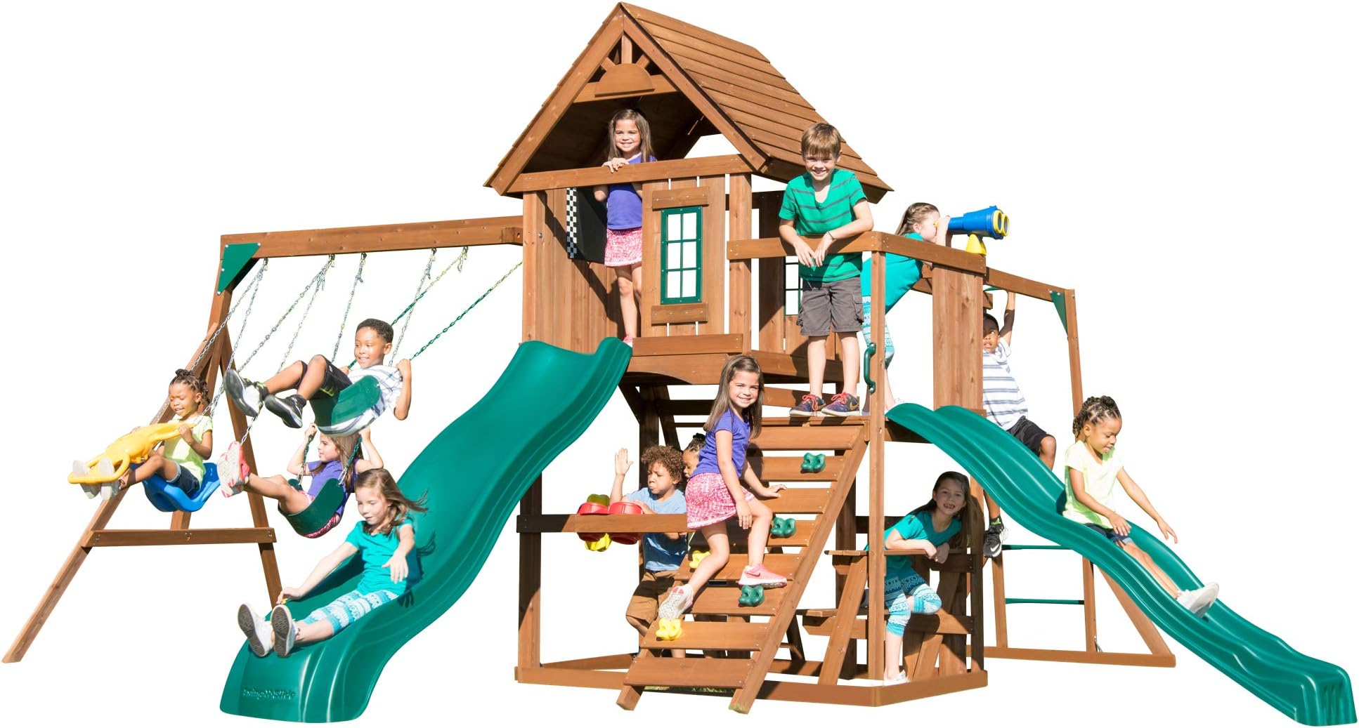 WS 8354 Knightsbridge Super Wooden Swing Set with Two Slides, Play Set, Monkey Bars, Climbing Wall, Music Play & Climbing Wall, Wood, Green