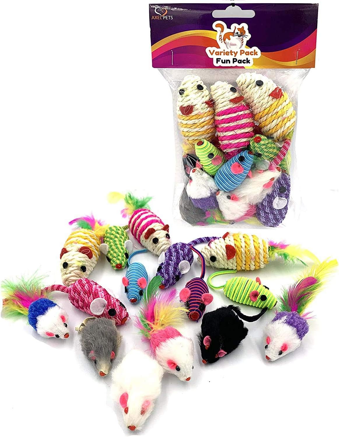 AXEL PETS 15 Variety Mice Rattle Sound, Catnip,3 Real Fur Mice, 3 Sisal Mice,3 Hypno Mice, 3 Rope Mice, 3 Fluffy Cheezers Fur Mice,…
