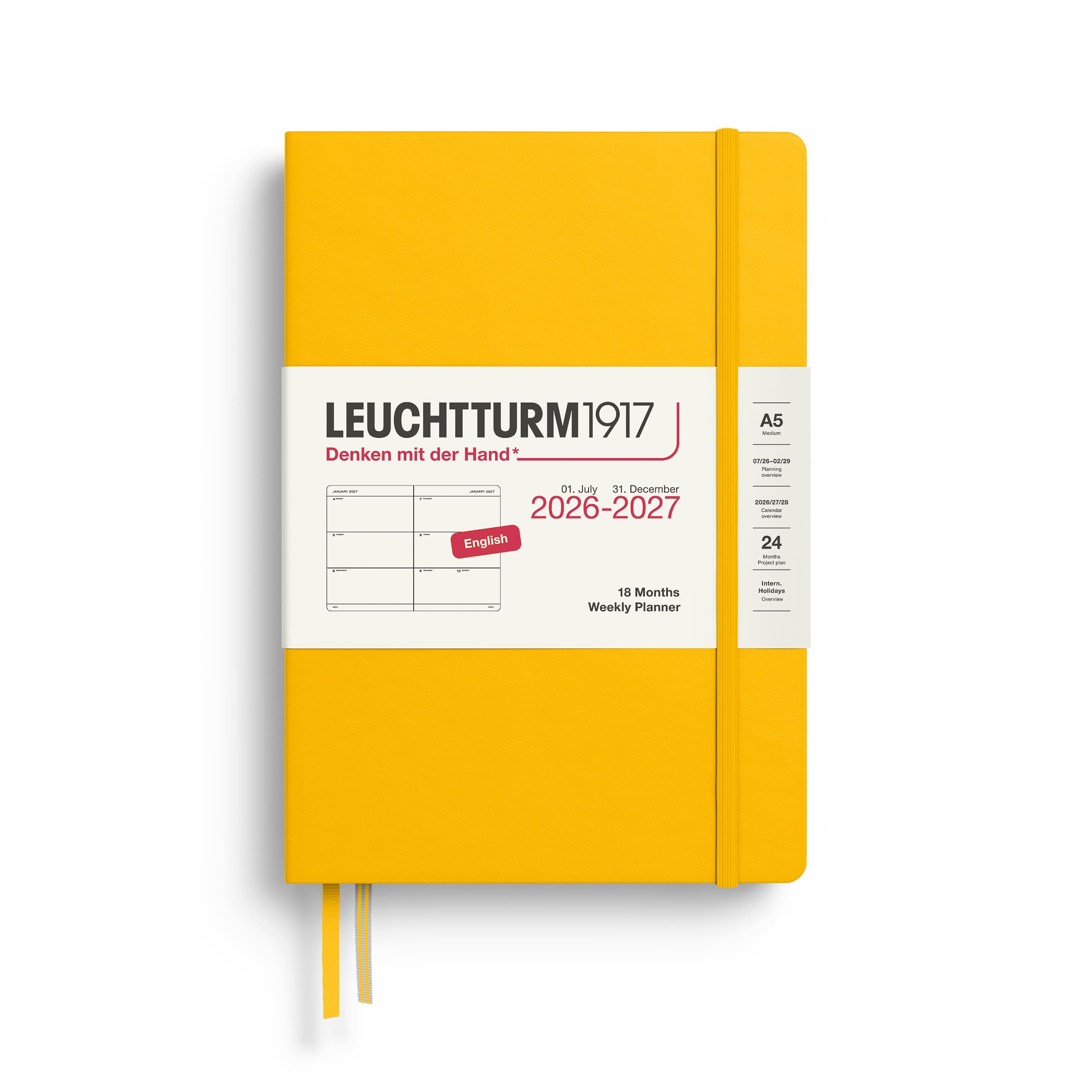 LEUCHTTURM1917 Agenda semanal 2027 tamaño mediano (A5) – Inglés, girasol, tapa dura, 145 x 210 mm, 18 meses – 07. 2026 – 12/2027, 1 semana por página doble, papel de 80 g/m² con alta compatibilidad