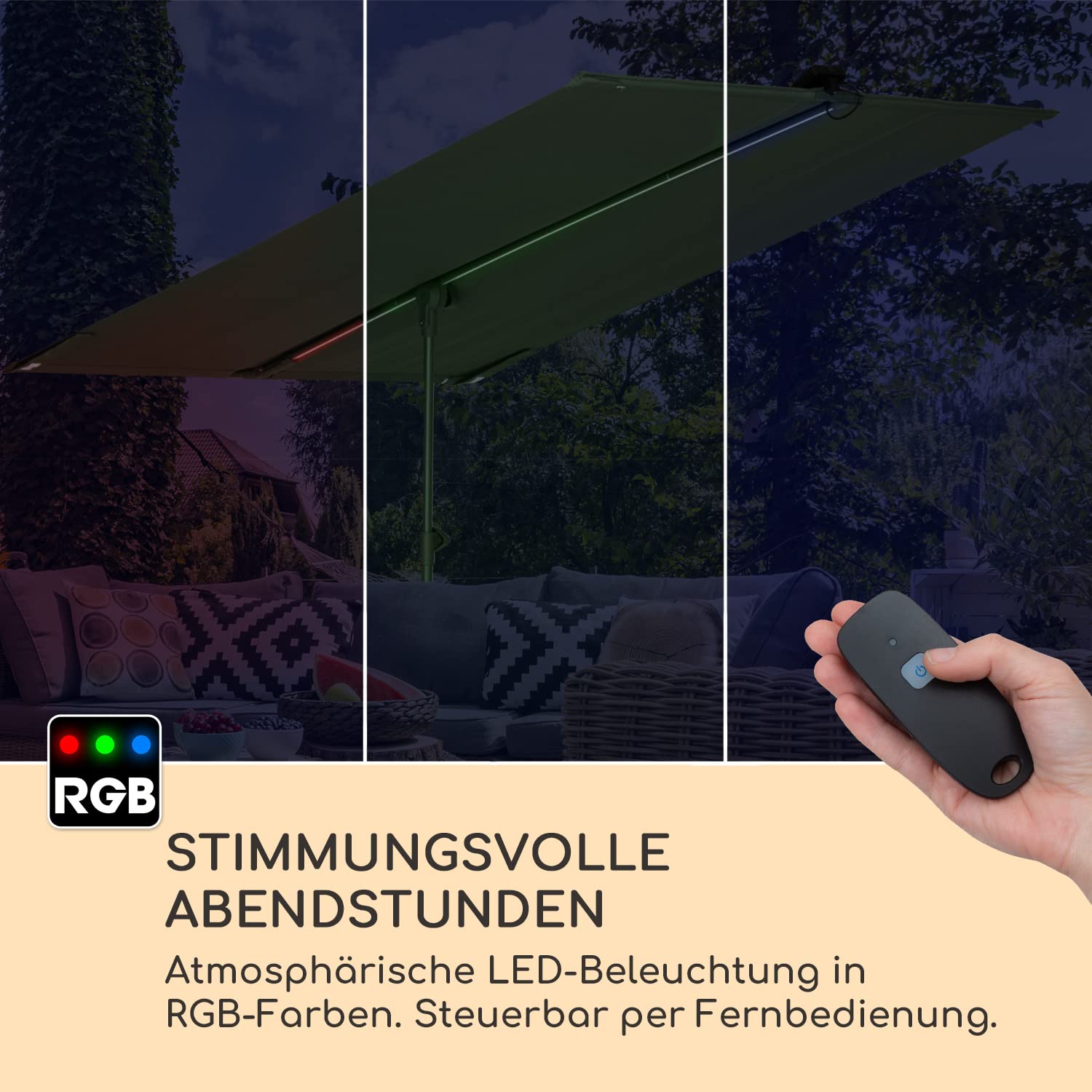 blumfeldt Sonnenschirm für Balkon Rechteckig, Sonnenschirm mit LED Beleuchtung, Wasserdicht & UV-Schutz, Balkon Sonnenschirm für Terrasse & Garten, Höhenverstellbarer Balkon Schirm Sonnenschutz