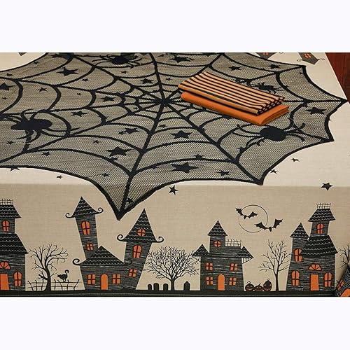 Miniatura 2 de Camino de mesa de Halloween, mantel redondo de encaje de araña de 40 pulgadas, mantel de Halloween para cena de Halloween (negro)