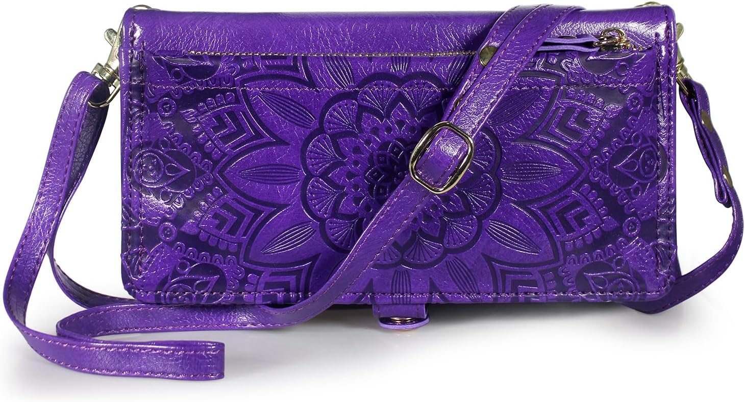 Harryshell Crossbody for Motorola Moto Edge 2024 Wallet Case [10 Card Slots] with [Theft-Scan Blocking],Cash Coin Zipper Pocket Long Shoulder & Wrist Strap (Floral Purple)