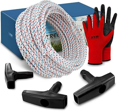 Premium 4mm x 50ft Recoil Starter Rope Kit Heavy Duty 16-Strand Pull Cord 800lbs Strength with 3 Universal T-Handles & Gloves Replacement for Mowers, Chainsaws & Generators
