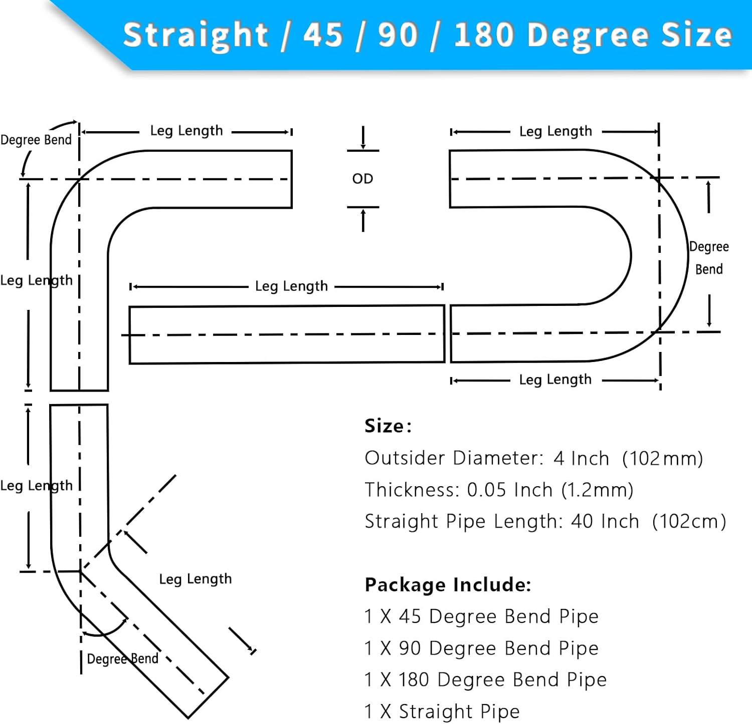 FGJQEFG 4 Inch DIY Custom Mandrel Exhaust Pipe Tube Pipe, 40 Inch Straight Pipe, 4''OD Straight & Mandrel Bend Pipe(45/90/180 Degree) Kits, T304 Stainless Steel, Universal Fitment - 4PCS 4''Straight+45°+90°+180°-4PCS