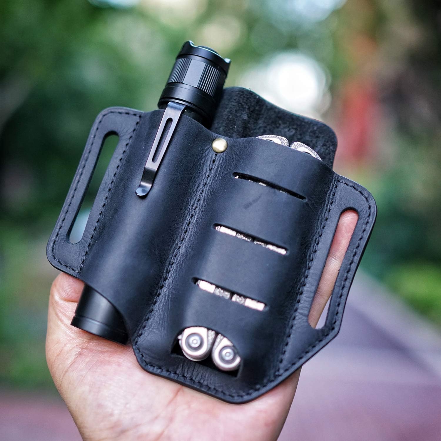 VIPERADE PJ8 EDC Lederscheide für Blet Messer/Werkzeug/Taschenlampe/Tactical Pen und EDC Zahnräder, Pocket EDC Organizer Lederscheide, Hademade 2 Pockets Belt Leder Slip Sheath