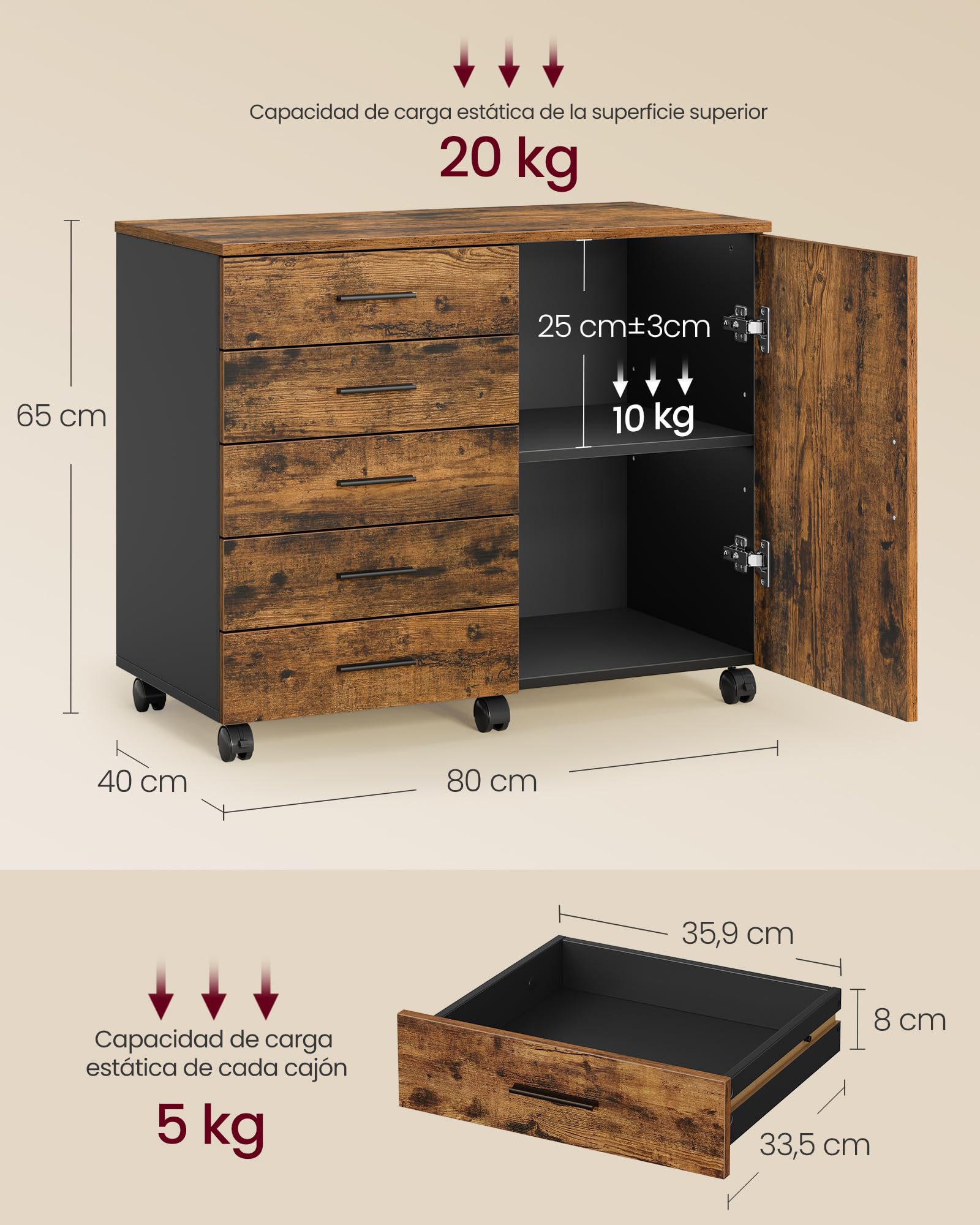 VASAGLE Archivador Móvil con 5 Cajones, 2 Estantes con Puerta, Cajonera, Soporte para Impresora, con Guías Deslizantes sin Tornillos, para Oficina, Casa, Marrón Rústico OFC092KD02