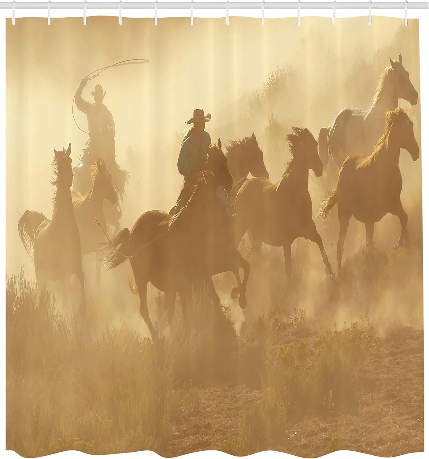 Ambesonne Western Shower Curtain, Galloping Running Horses in Desert 2 Cowboys Roping Dusty Wild Rural Countryside, Cloth Fabric Bathroom Decor Set with Hooks, 69" W x 75" L, Pale Brown