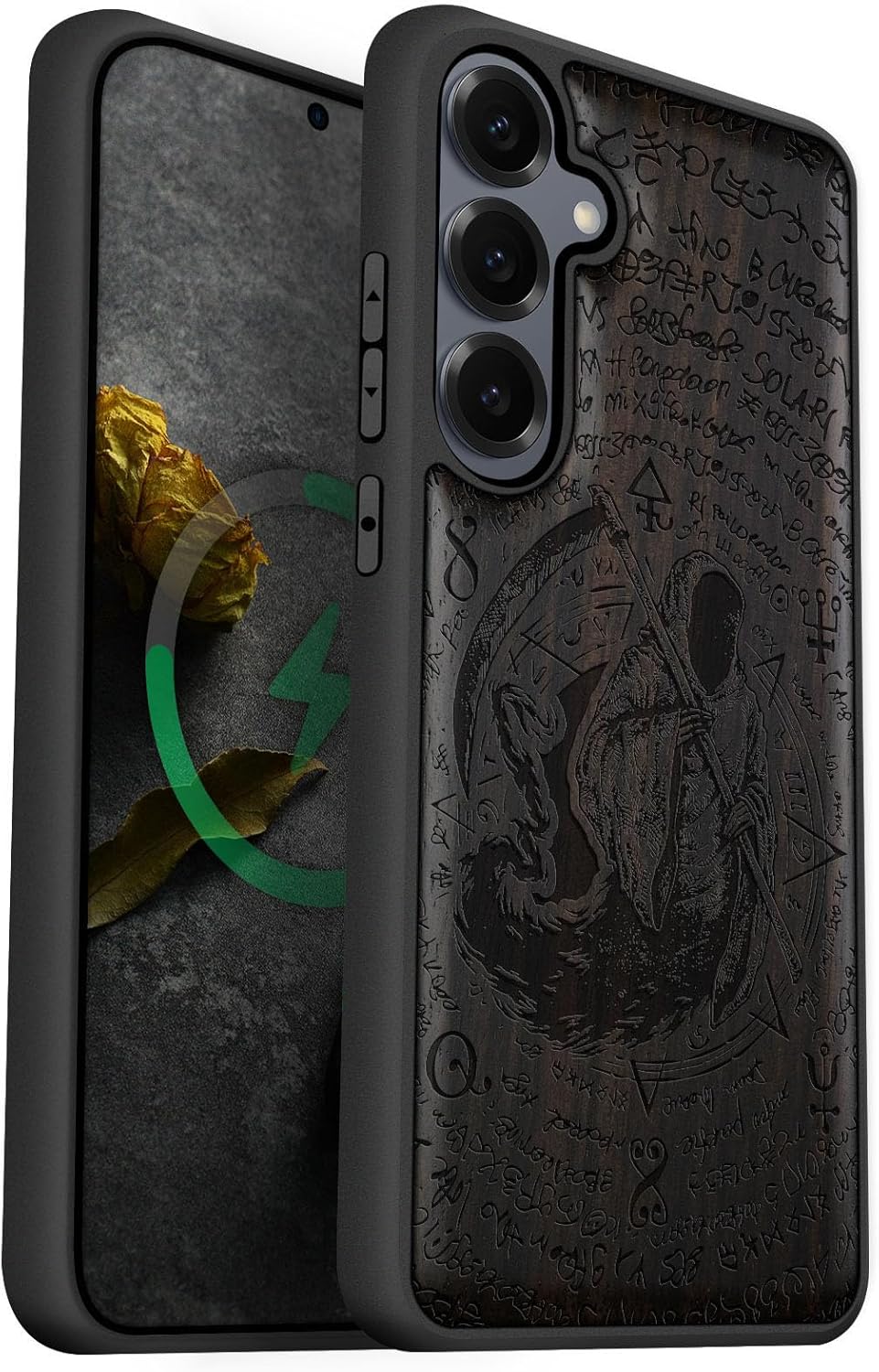 Carveit Magnetic Wooden Case for Galaxy S25+ Samsung S25 Plus Case, TPU Shockproof Cover & Wood Engraved, Compatible with MagSafe Wireless Chargers (The Grim Reaper of Carved) Blackwood