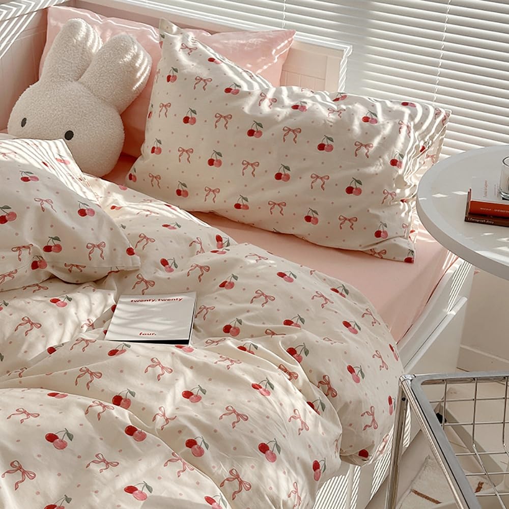 Cherry Duvet Cover Single Pink Cherries Bows Pattern Reversible Bedding Set