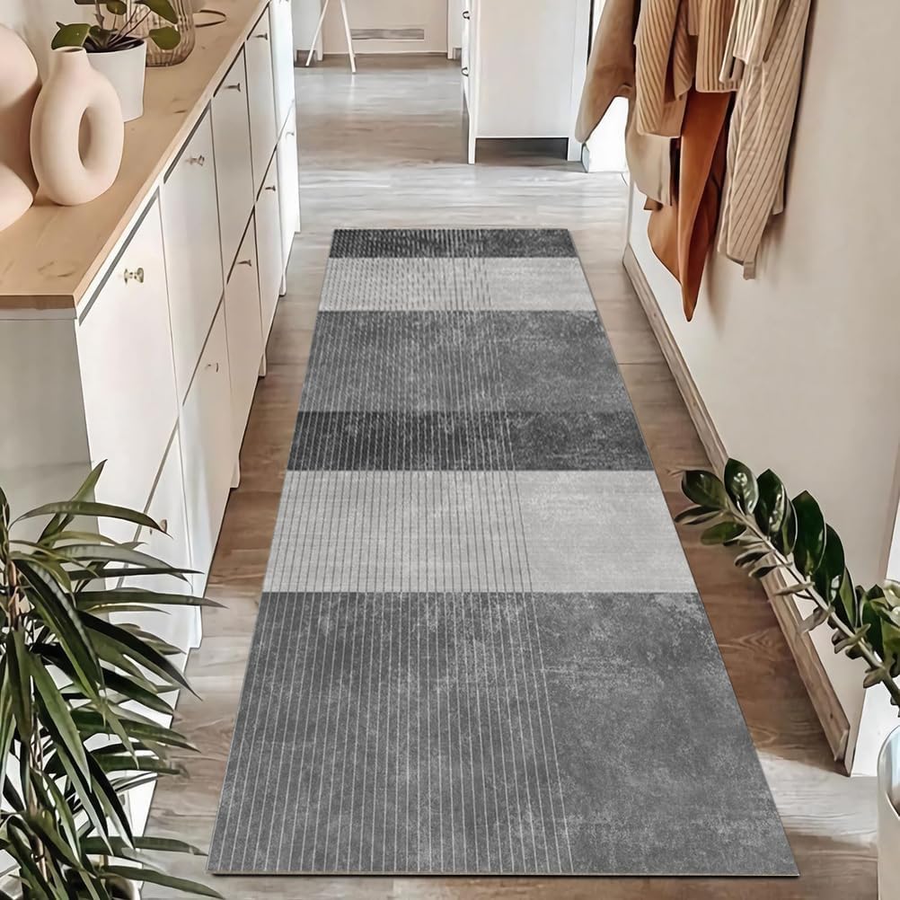 モダンなストライプ柄ランナーラグ 狭い廊下用カーペット キッチンや階段用 カスタム丈 グレー 80x150cm (32x59インチ)