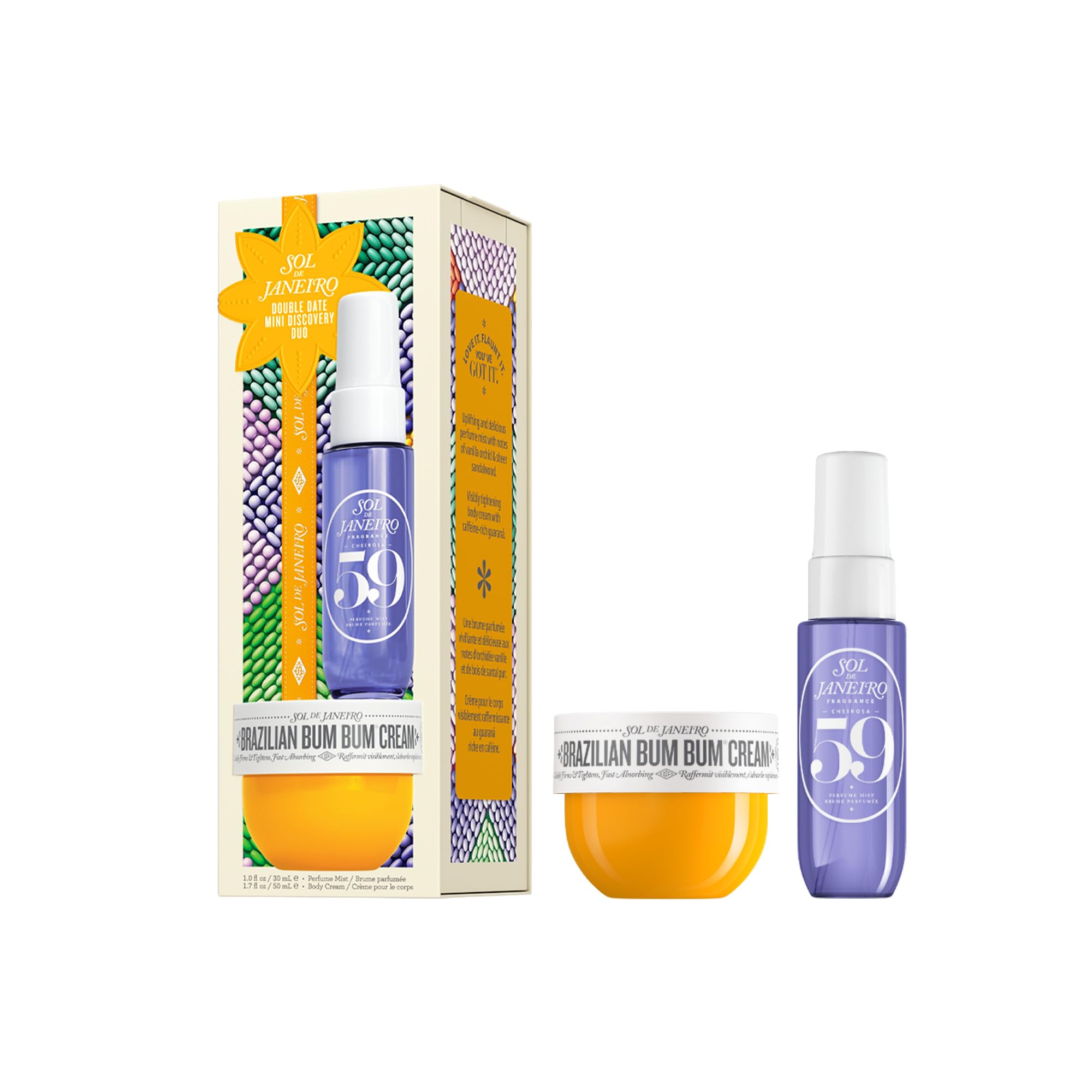 Sol de Janeiro Double Date Beauty Gift Set | Travel Size Brazilian Bum Bum Body Cream 1.7 fl oz & Cheirosa 59 Perfume Mist Mini 1 fl oz | Limited Edition Beauty Minis Trial Set