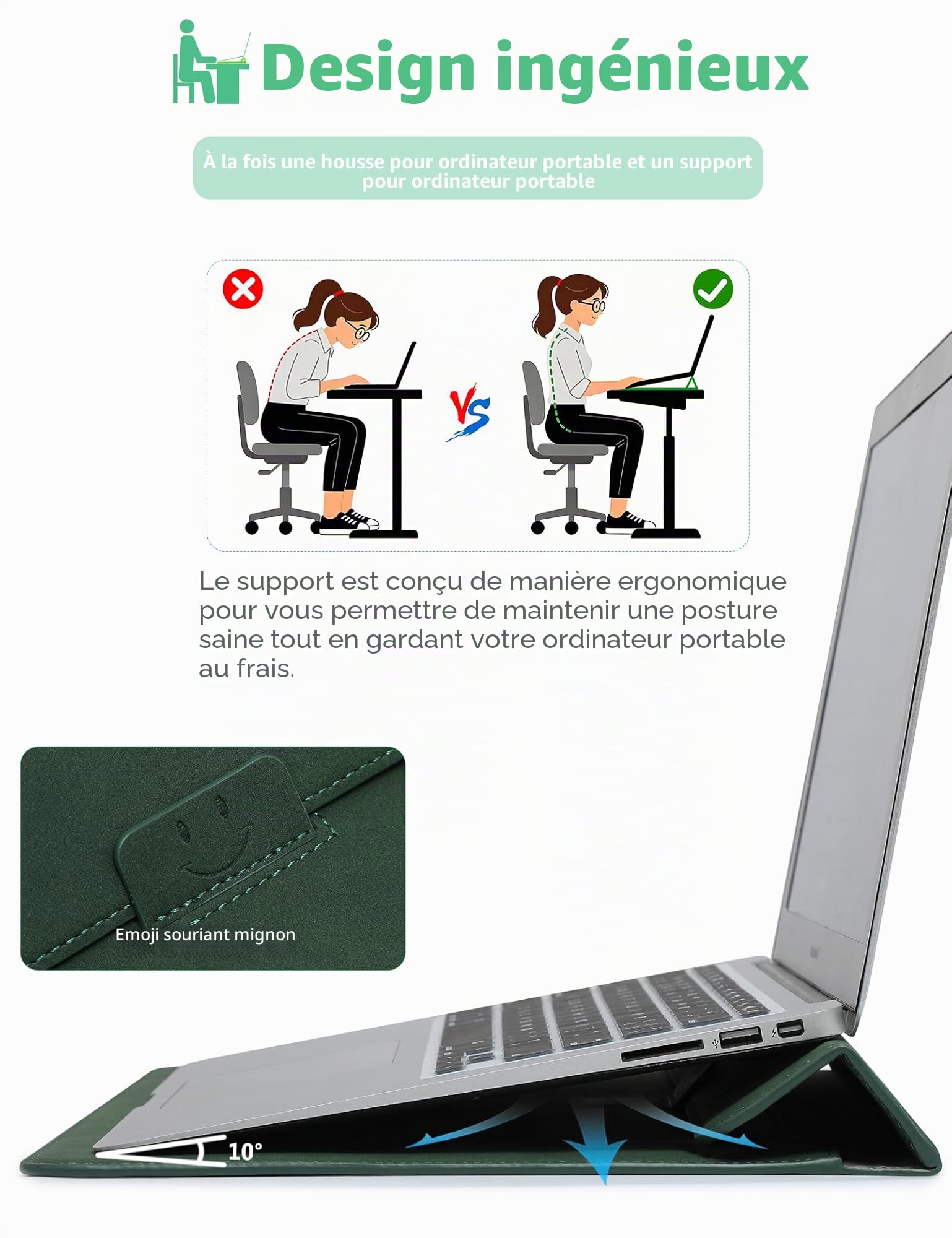HYZUO 13,3-14 Pouces Housses Ordinateur Portable Sacoche avec Fonction Stand pour MacBook Pro 14 M5/M4/M3/M2/M1 2026-2021, MacBook Pro/Air 13,3, 13,5" 13,8" Surface Laptop, Vert Minuit