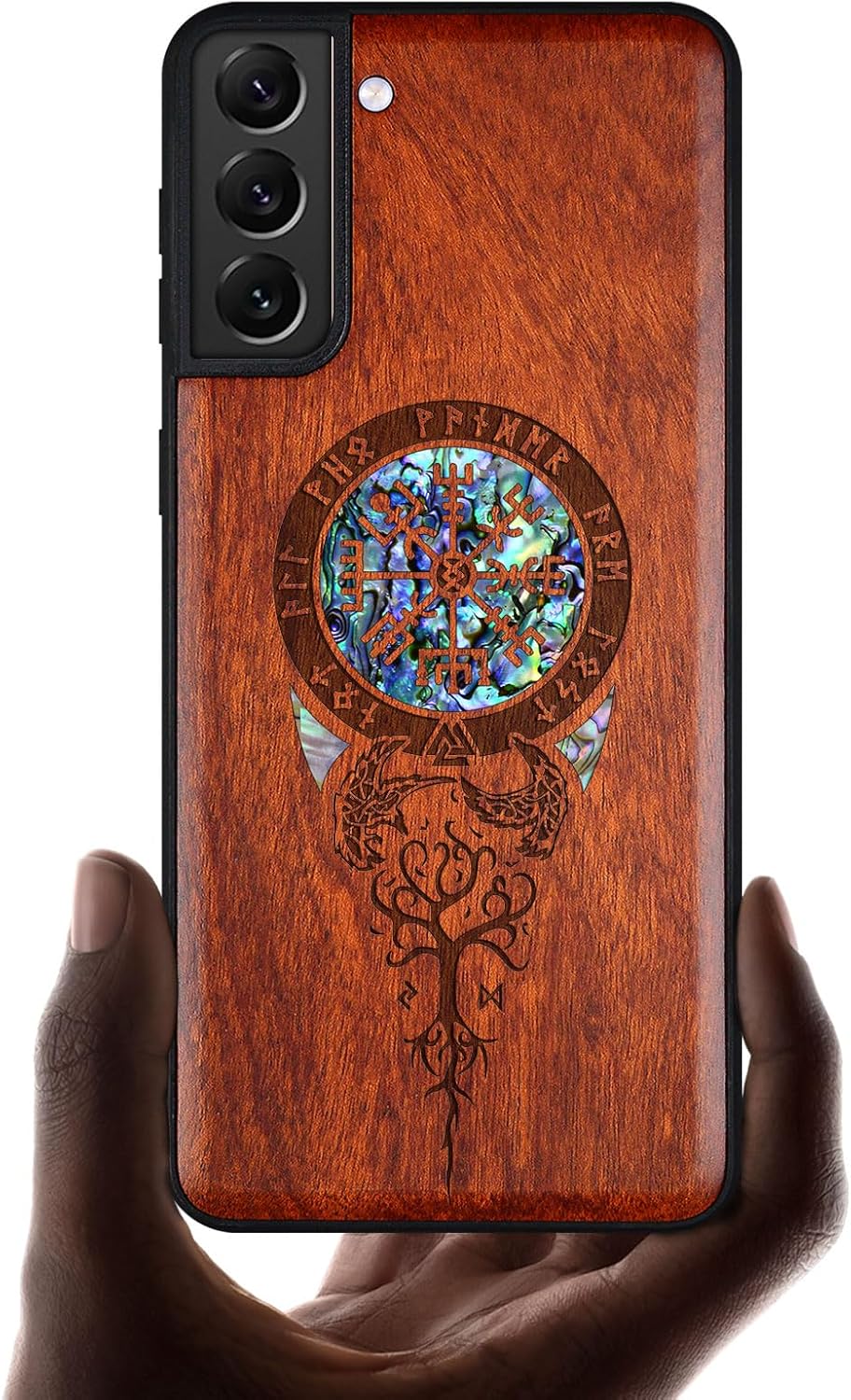 Carveit Designer Wooden Cover for Samsung Galaxy S22 Case [Wood Engraving & Shell Inlay] Compatible with Wireless Chargers Galaxy S22 (Viking Symbol-Rosy)