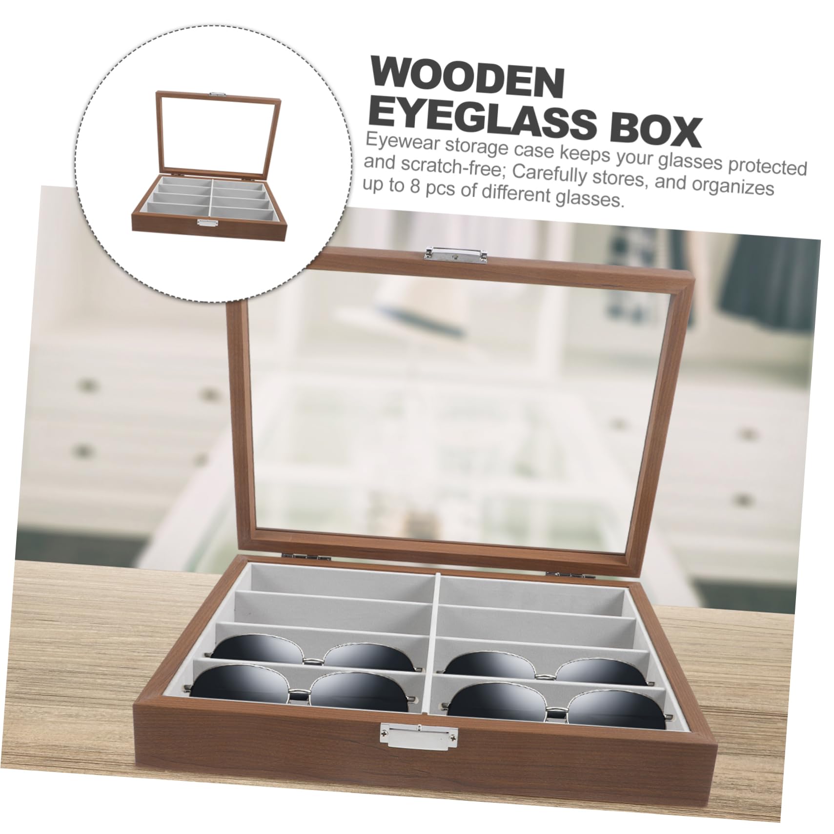 Boîte de Rangement pour Lunettes Coffret Bois avec Coussin Intérieur Vitrine Transparente pour Soleil
