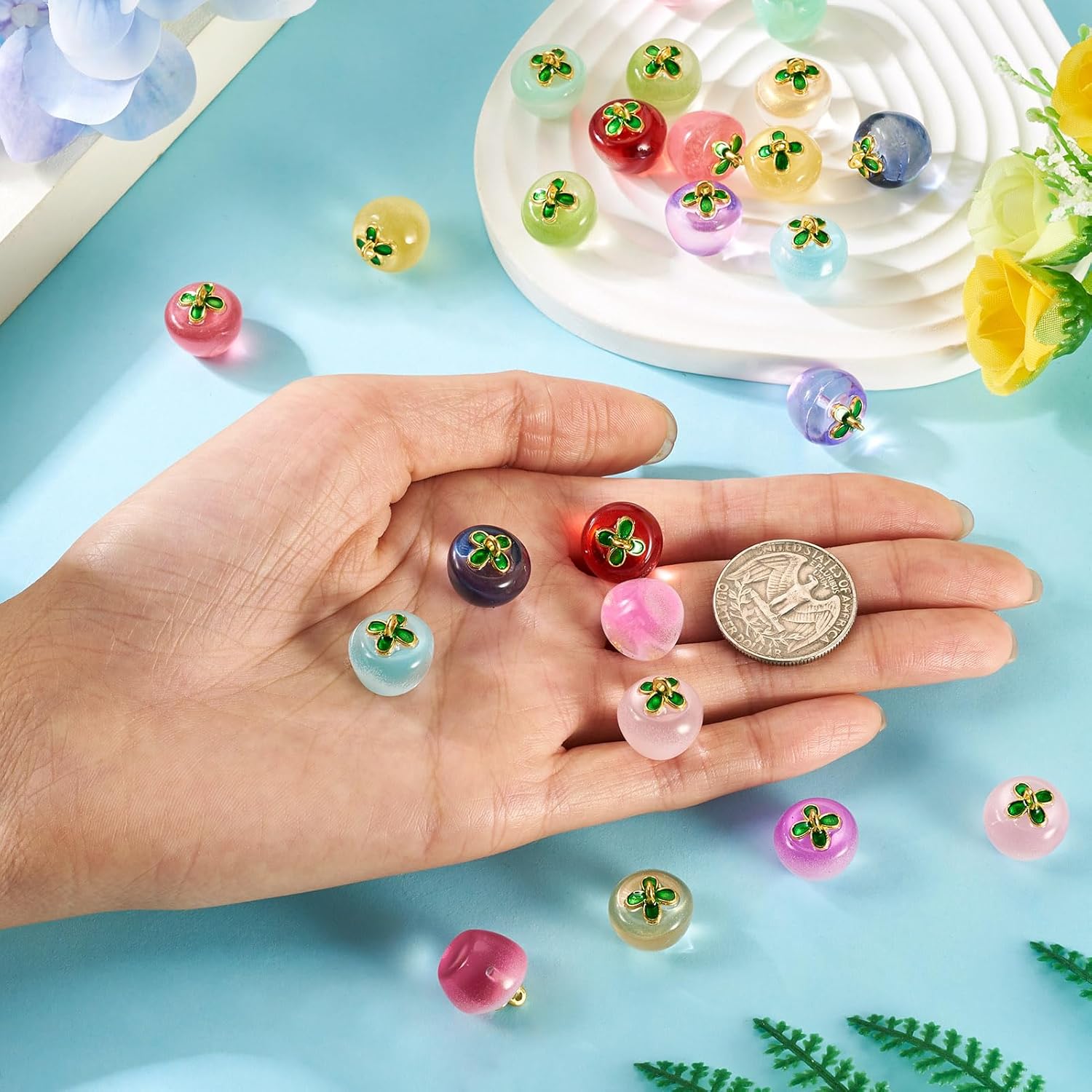 Glass Fruit Charms Colorful Crystal Fruit with Enamel Leaf Charms Handmade 3D Fruits Dangle Pendants Cute Fruits Hang Ornament for DIY Crafts Earring Necklace Keychain Jewelry Making - Image 4