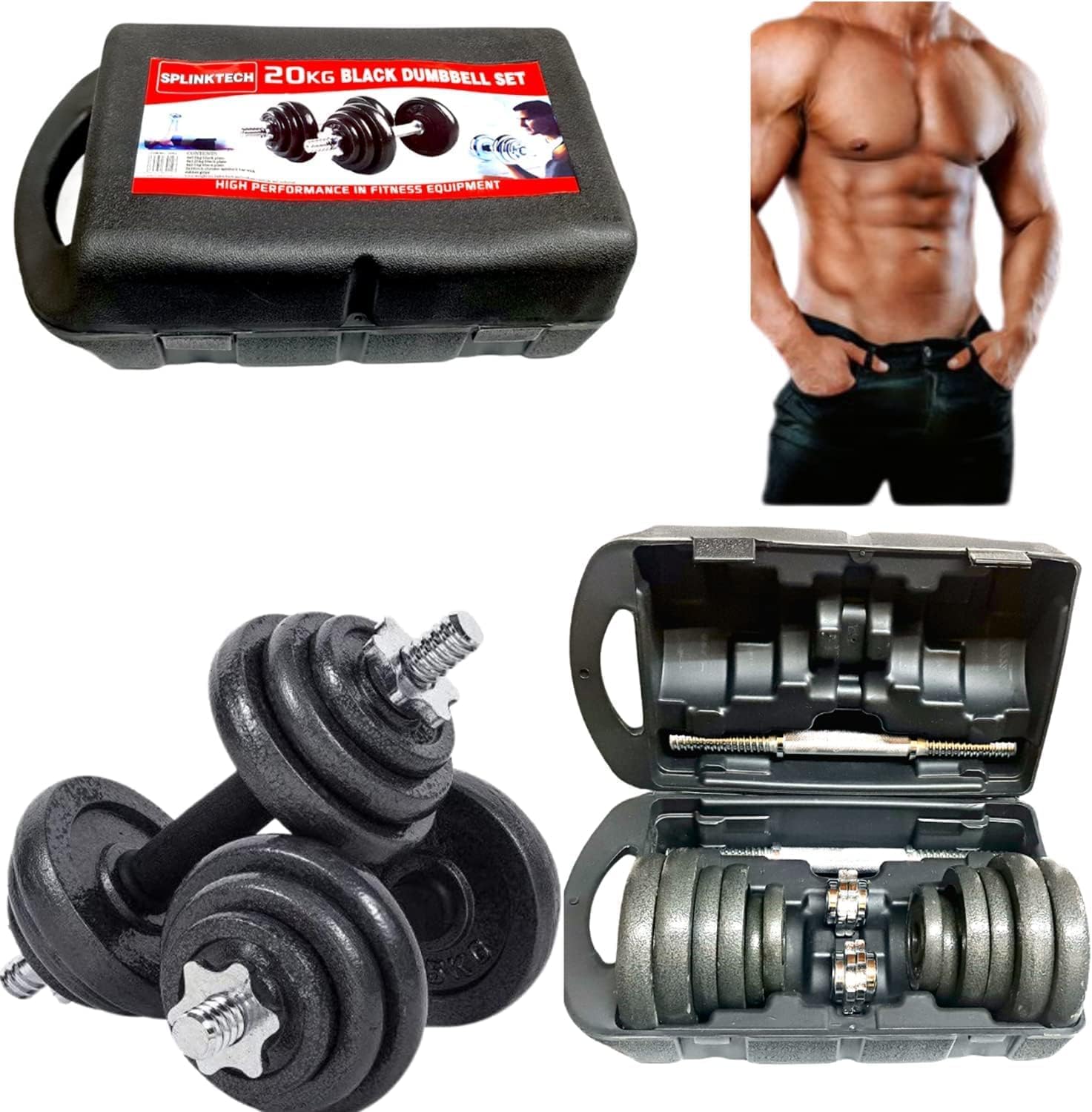 ProTech 20 kg Dumbbells Set, Adjustable Cast Iron Spinlock Hand Dumbbell Weight Set, Black Carry Case Perfect for Weight Lifting, Exercise, Fitness, Training or Body Building & Home Gym