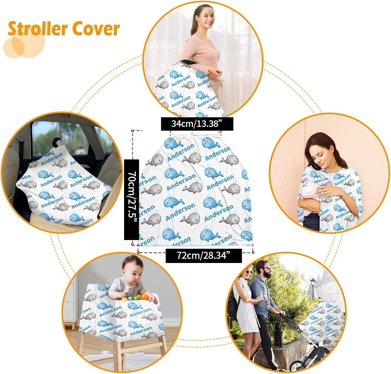 Custom Baby Nursing Swaddling Set: Personalized Custom Name Whale Swaddle Blanket Car Seat Cover Bow Headband Hat Nursing Pillow for Infant Girl Boy Ocean Animals Pattern(Fixed Size)