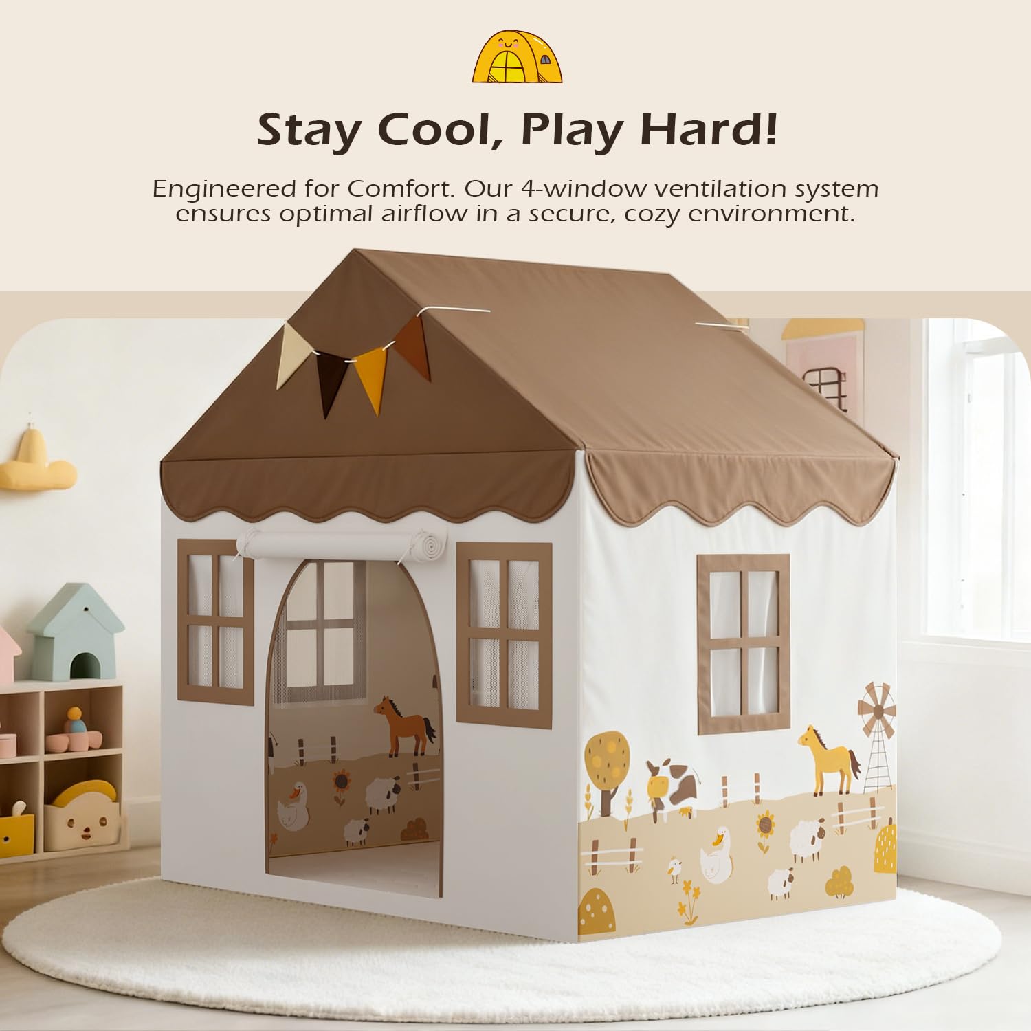 EagleStone Tente de Jeu pour Enfants avec Guirlandes et Tapis Moelleux, Intérieur, Cabane Lit-Tente, Coin Douillet, Beige