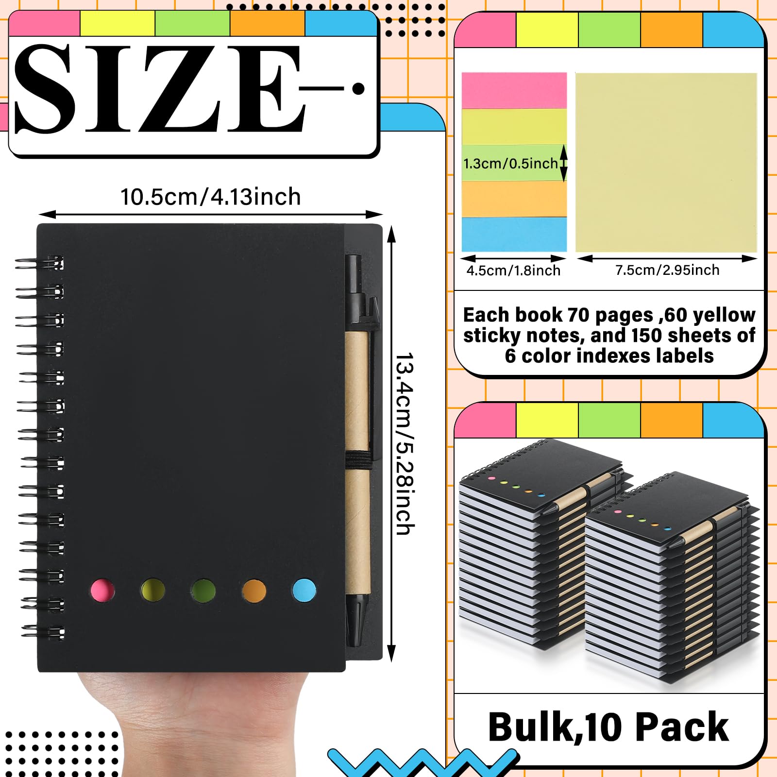 Qilery Confezione da 10 quaderni a spirale a righe, piccolo blocco note e penna, blocco note a righe, nero, tascabile, per ufficio, ufficio, scuola