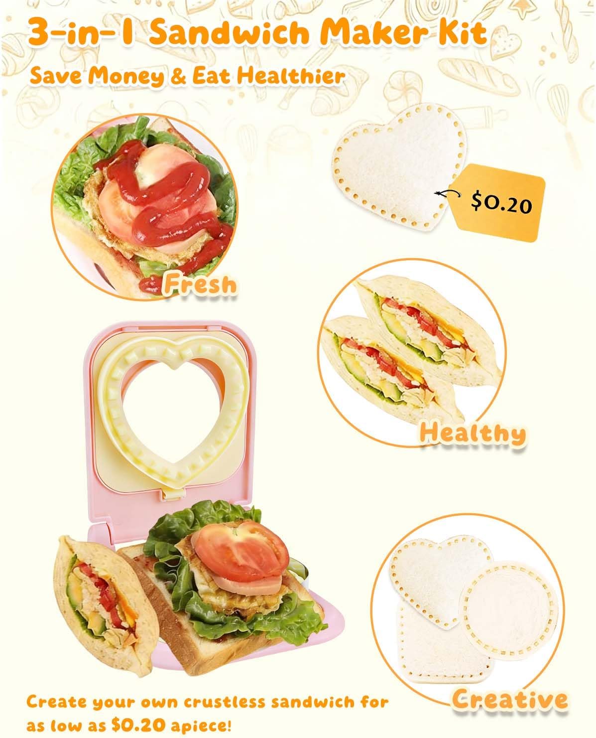 CHICHAUS 3-in-1 Uncrustable Sandwich Maker - Heart/Circle/Square Crustless Sandwich Cutter & Sealer for Kids' Lunch, Breakfast & Lunchboxes | BPA-Free Press, Easy Clean, Food-Grade PP (Pink)