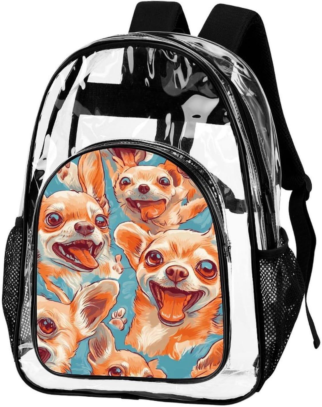 Happy Chihuahua Dogs Clear Backpack Transparent Shoulder Bag | Heavy Duty Back Pack Water-Resistant PVC Plastic