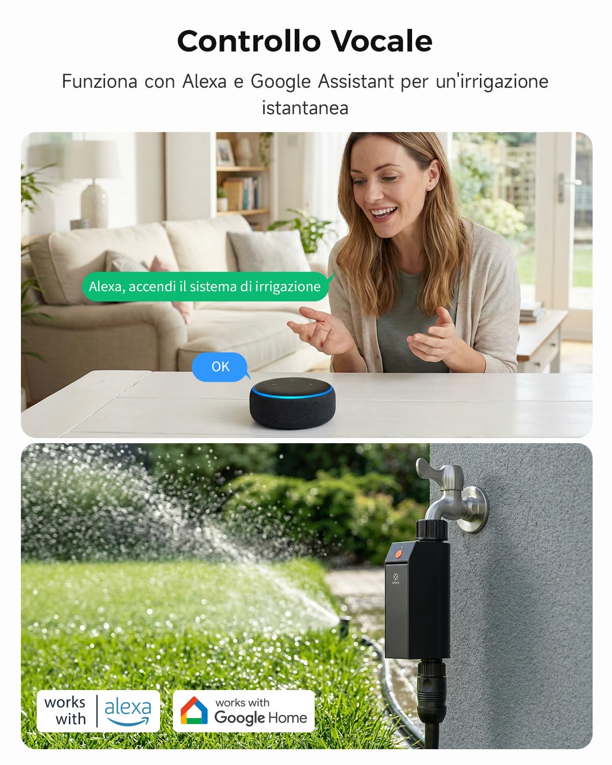 WOOX Programmatore Irrigazione WiFi Intelligente, Senza Hub Richiesto 2,4GHz Timer Irrigazione, App/Controllo Vocale, IP65 Impermeabile Centralina Irrigazione Automatica, Ritardo Pioggia & Manuale