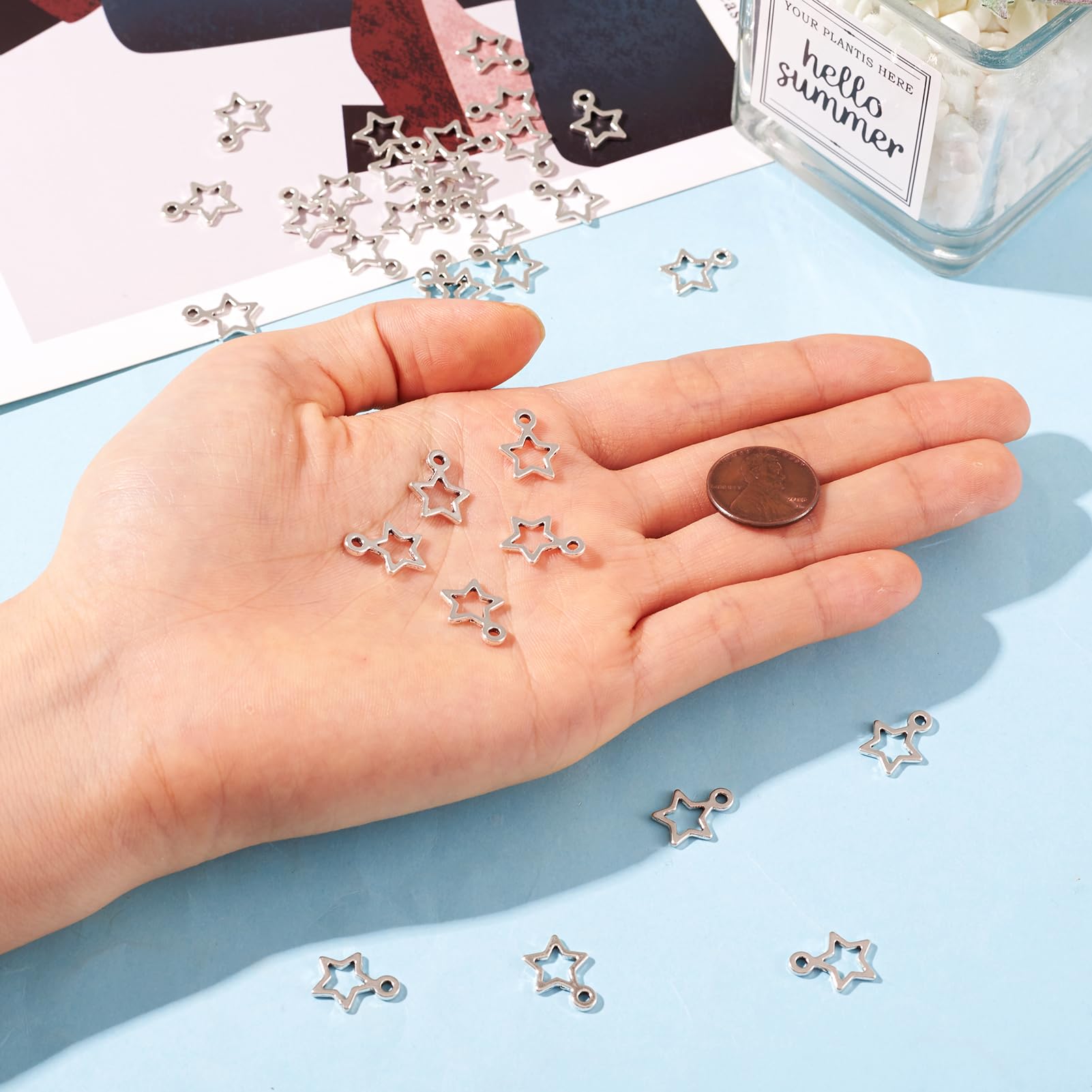 Craftdady 50pcs Antique Silver Hollow Star Pendants 14x10mm Tibetan Celestial Little Star Dangle Charms for Jewelry Making Hole: 1.5mm