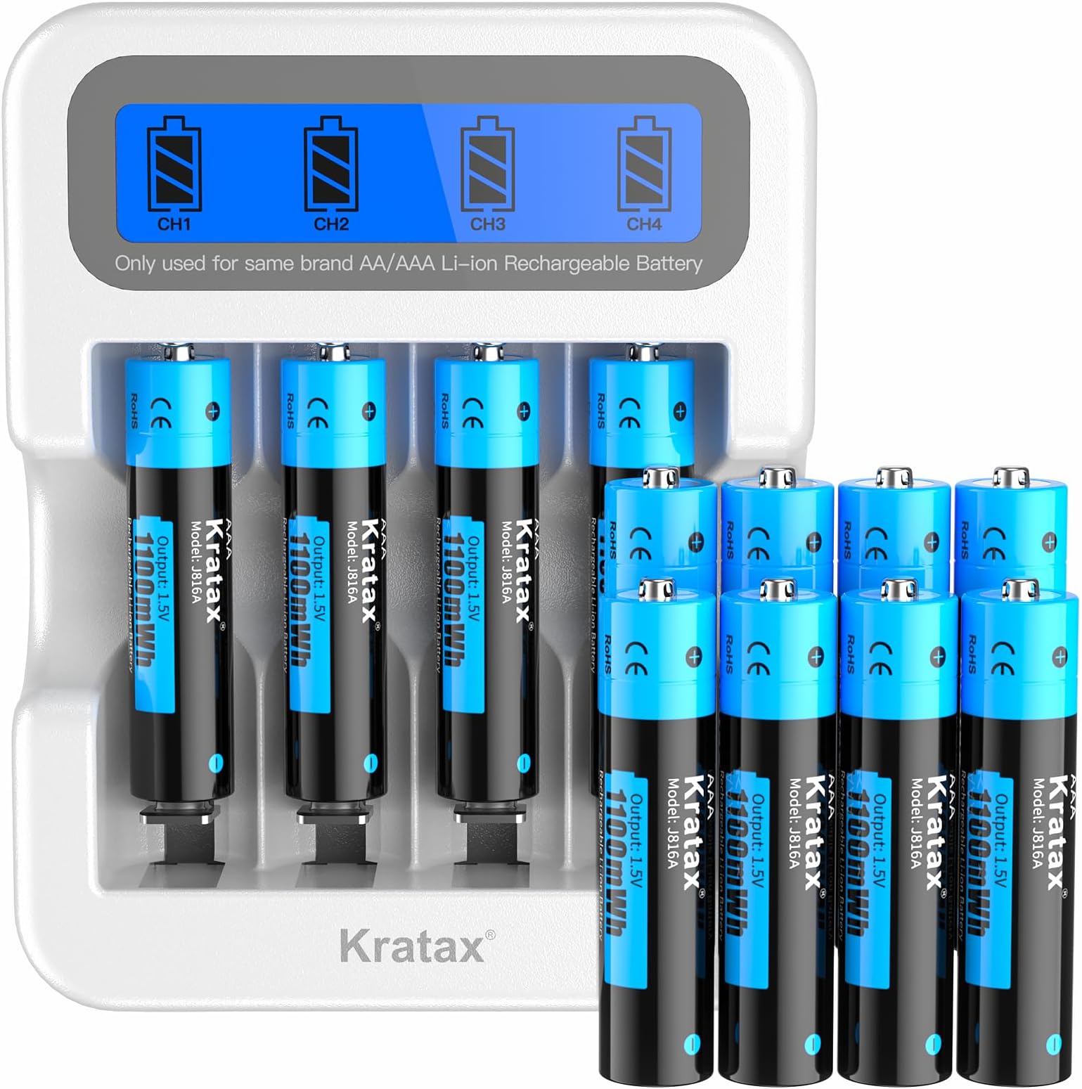 Kratax 1.5V Lithium AAA Battery - 1100 mWh (1.5V/733 mAh) High Capacity, Long Service Life - 12 Pack with LCD Display Charger