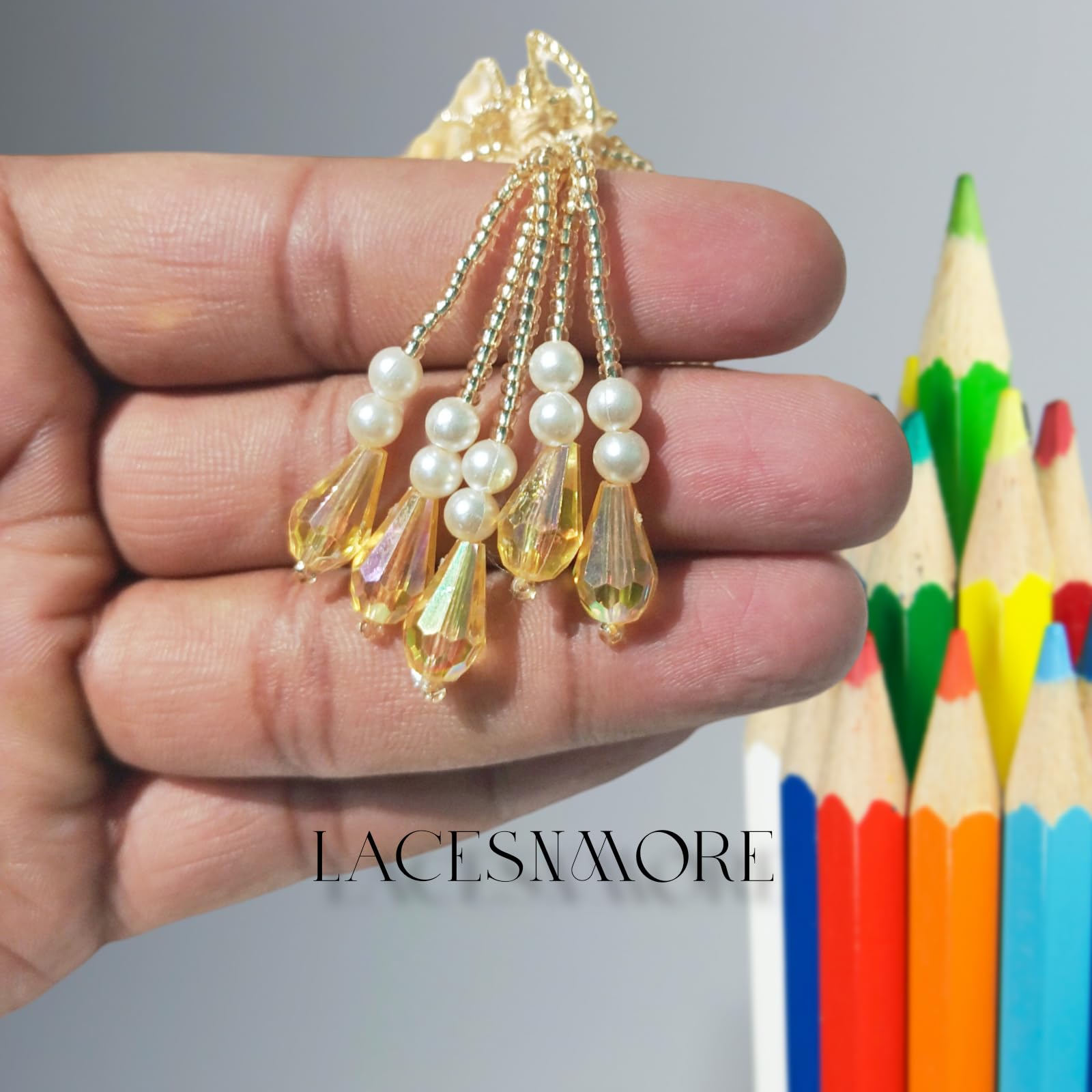 Lacesnmore Latkan White Golden for Blouse moti Pearl Beads Tessels DIY Craft Tassle Cutdana Hanging for Saree Dupatta Corner (10, Crystal Look Gold) 1