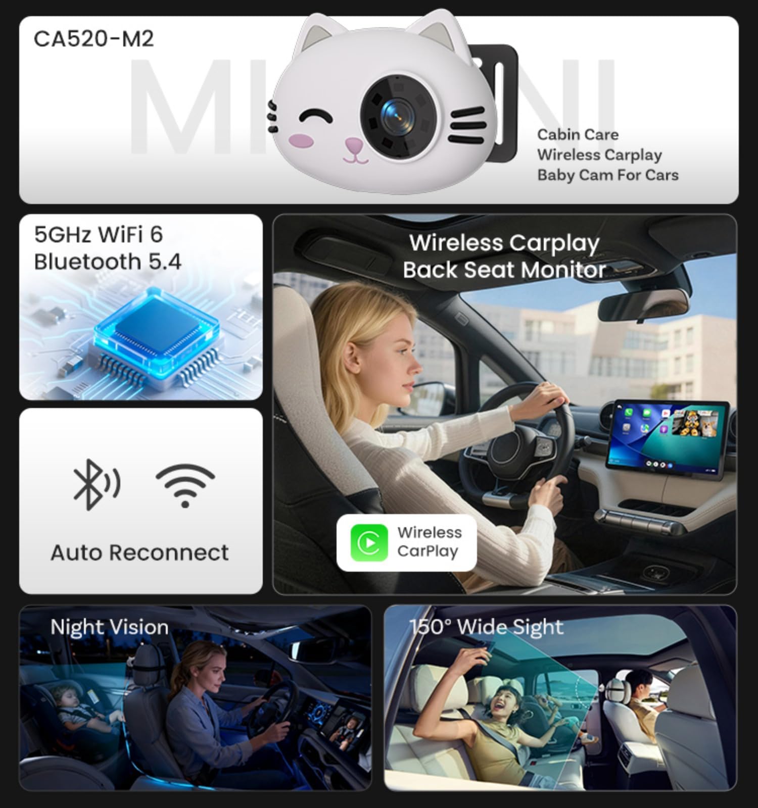 Cabin Care, Adattatore CarPlay Wireless con Fotocamera 2026, Macchina Fotografica Bambino Auto, Baby Monitor CarPlay su Schermo Originale, Schermo Condiviso & PiP, Visione Notturna 1080P, Grande