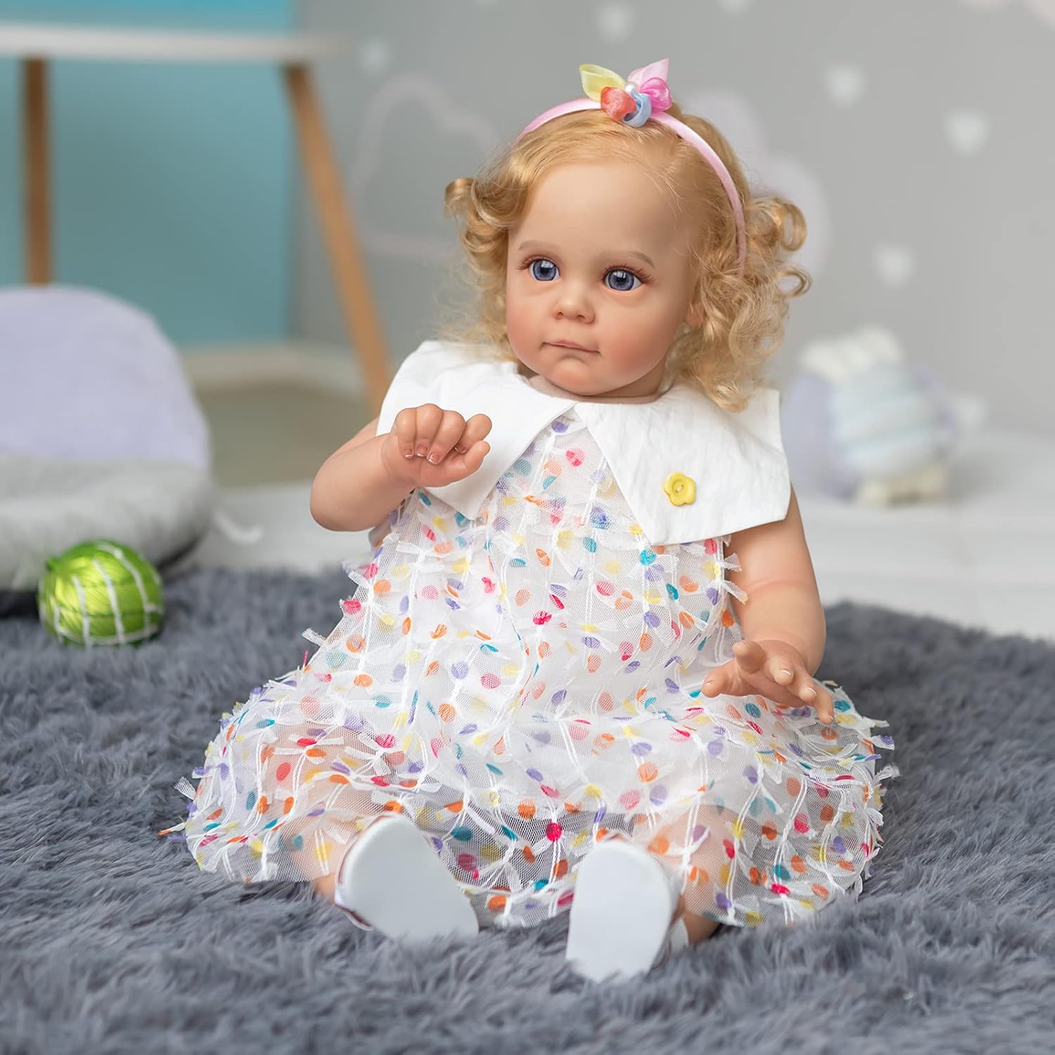Realistic Reborn Toddler Dolls Girls 24 Inch Soft Cloth Body Silicone Baby Doll Cuter Weighted Baby Real Size Blonde Curly Hair Blue Eyes Lifelike Baby Doll Children Babies Toy Gifts Set