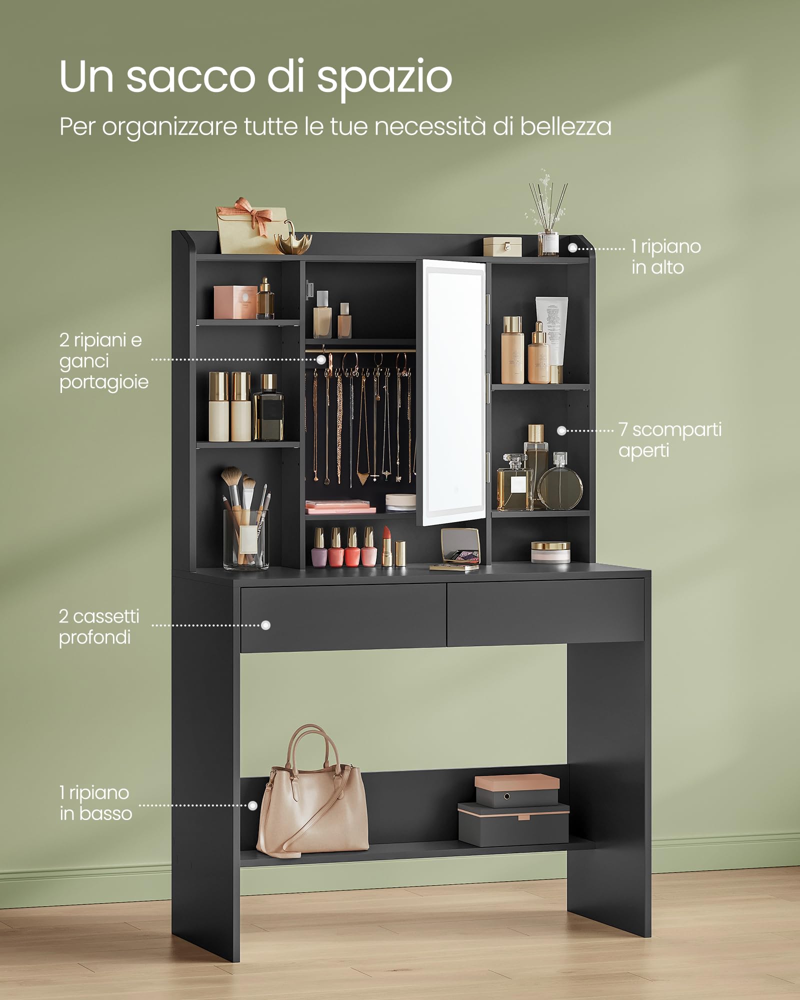 VASAGLE KAILYN Collezione - Toeletta con Luci LED 3 Colorazioni con Luminosità Regolabile, Tavolo da Trucco con Specchio, Ripiani Regolabili, 2 Cassetti, Postazione Trucco, Nero Inchiostro RDT123B01