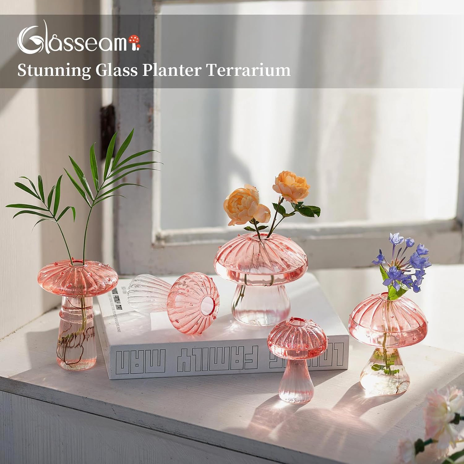 Glasseam Mushroom Plant Propagation Stations: Pink Glass Terrarium Jar Set of 5 Cute Planters for Indoor Plants Decorative Propagate Vase Unique Gifts for Women Home Office Decor