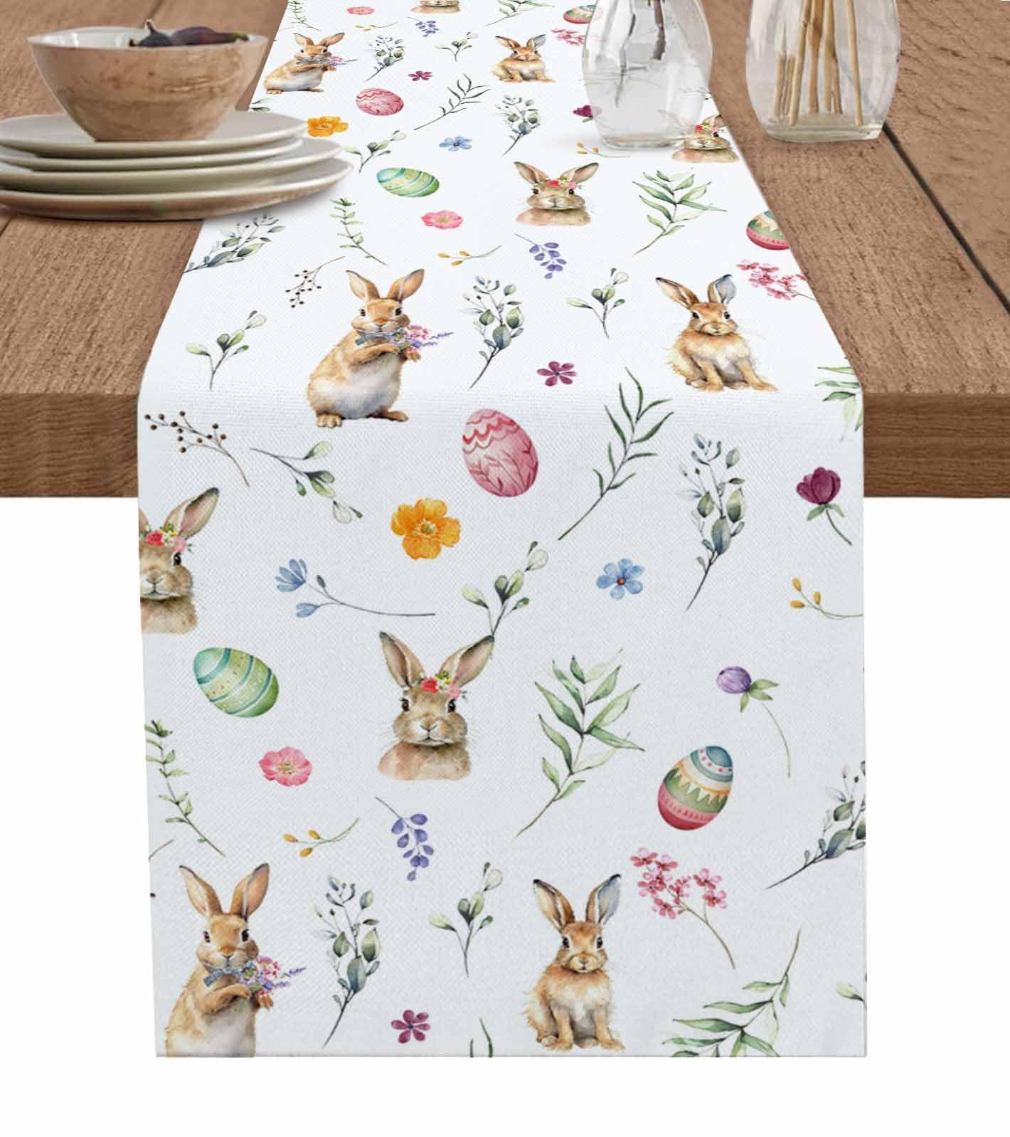 Easter Table Runner 90 Inches Long - Kitchen Dining Burlap & Cotton Tablerunner for Small/Round/Square/Wedding/Coffee/Dining Table Party Home Décor Easter Bunny Eggs Spring Leaves Simple White