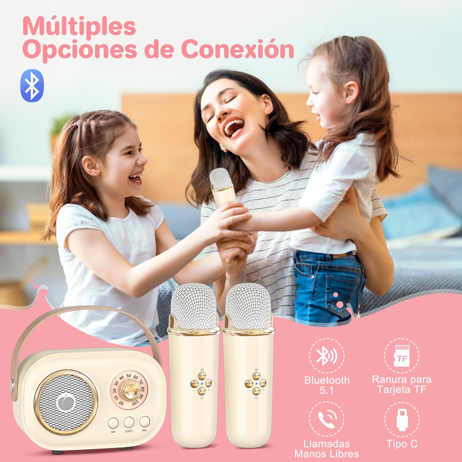 Mini Máquina de Karaoke para Niños Adultos,Altavoz Bluetooth Portátil con 2 Micrófonos Inalámbricos, Regalos Juguetes para Niñas 3, 4, 5, 6, 7, 8+ Años Cumpleaños Fiesta Familiar en Casa-Beige