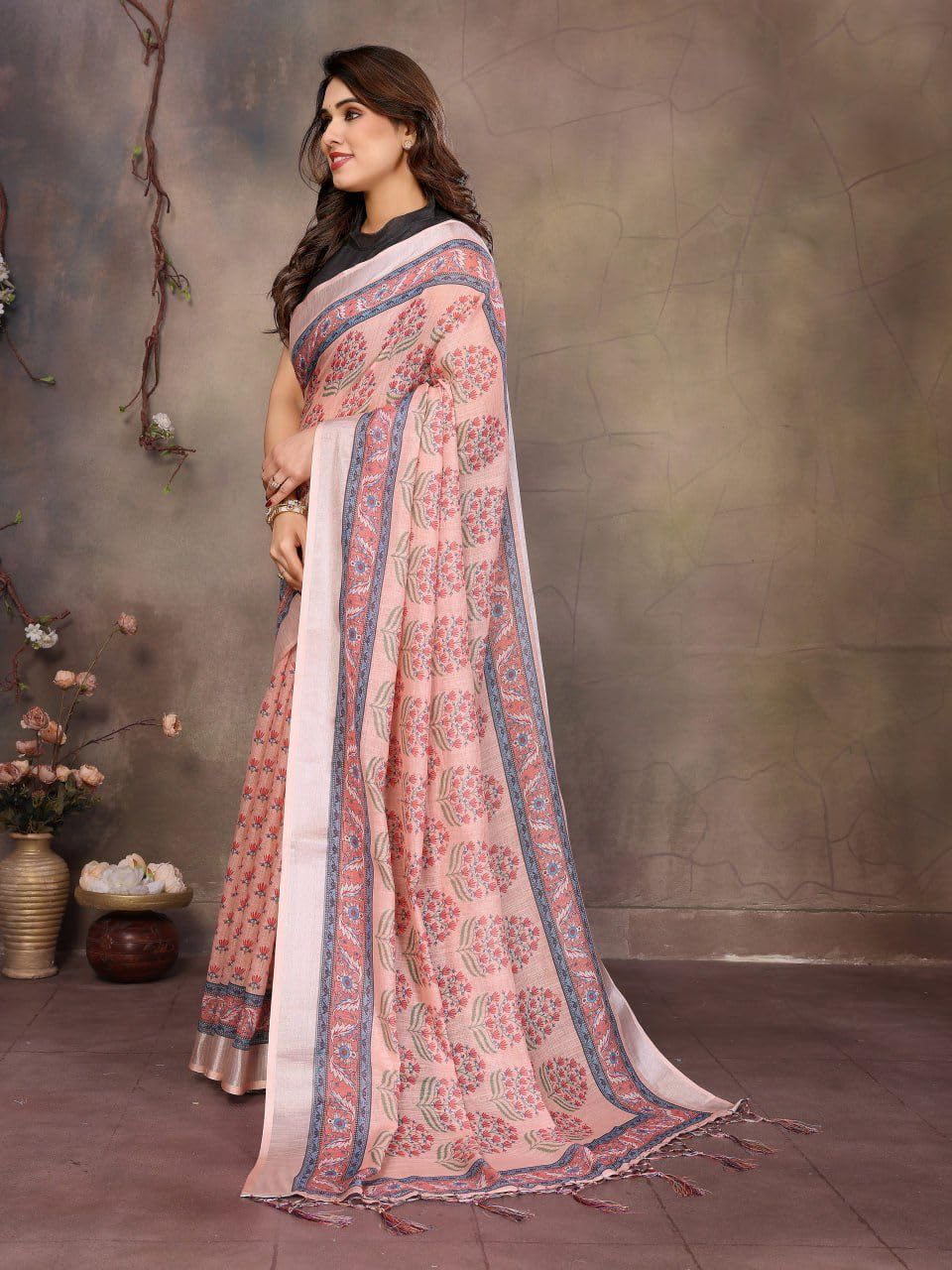 Women’s Peach Cotton Linen Saree with Floral Print & Elegant Woven Border – Traditional Indian Ethnic Wear