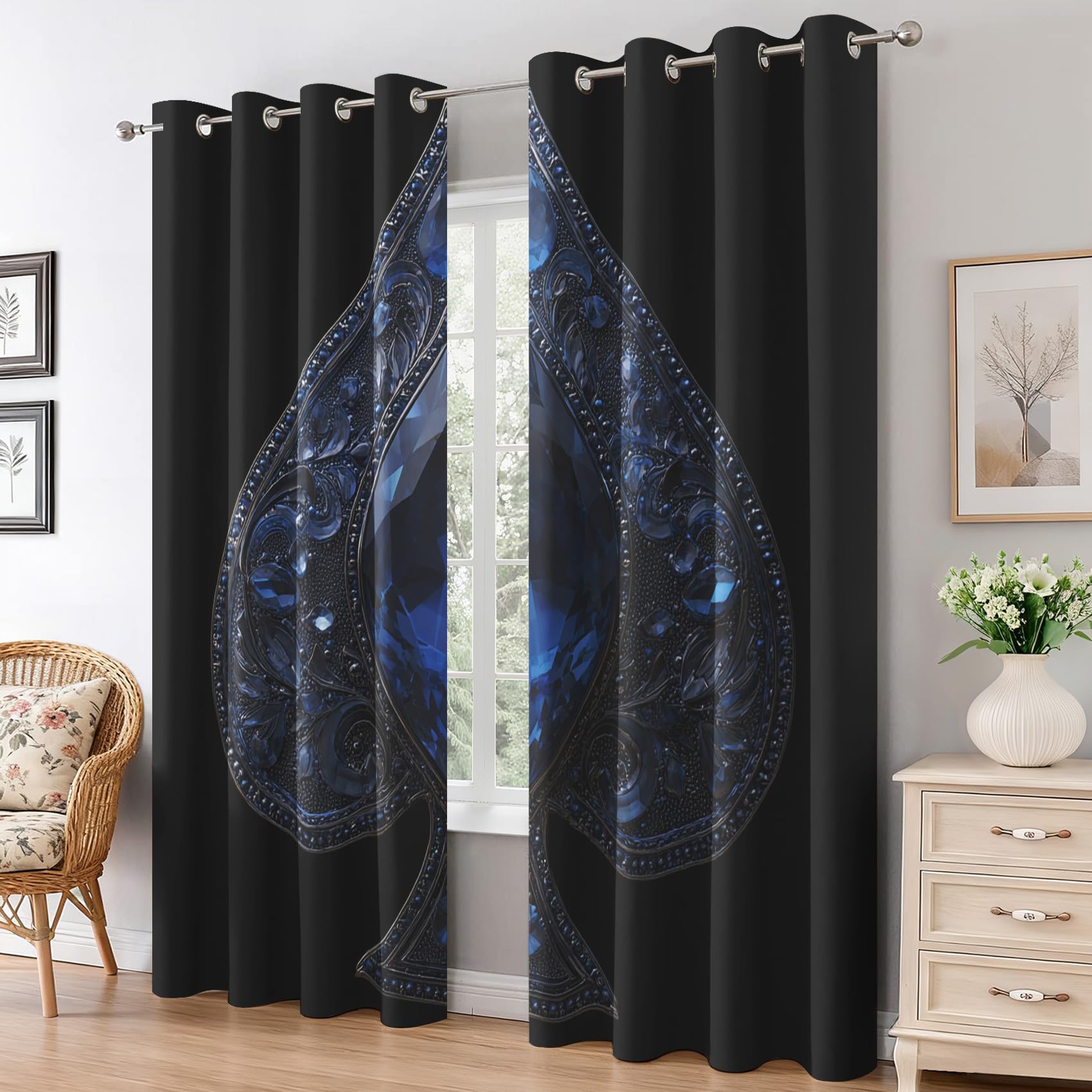 Generisch Blickdichte Vorhänge Pik-Ass, Verdunklungsvorhänge Blau Diamant Gardinen mit Ösen, Vorhang Wohnzimmer Schlafzimmer Fenster Deko, H137 x B117 cm 5er Set