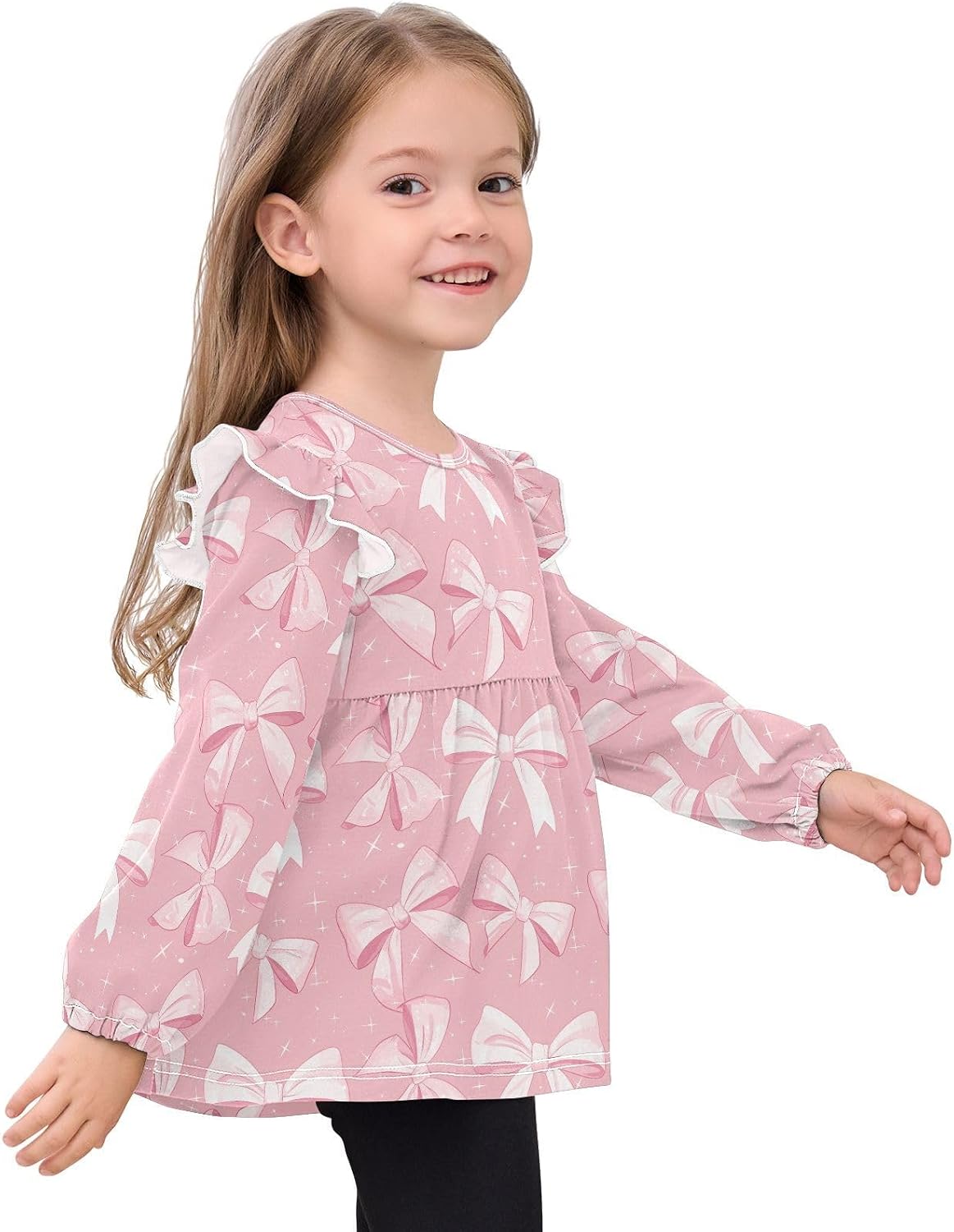visesunny Toddler Clothes for Girls Cute Pink Bow Pattern Long Sleeve Fall Shirts Cotton Top with Ruffle Collar