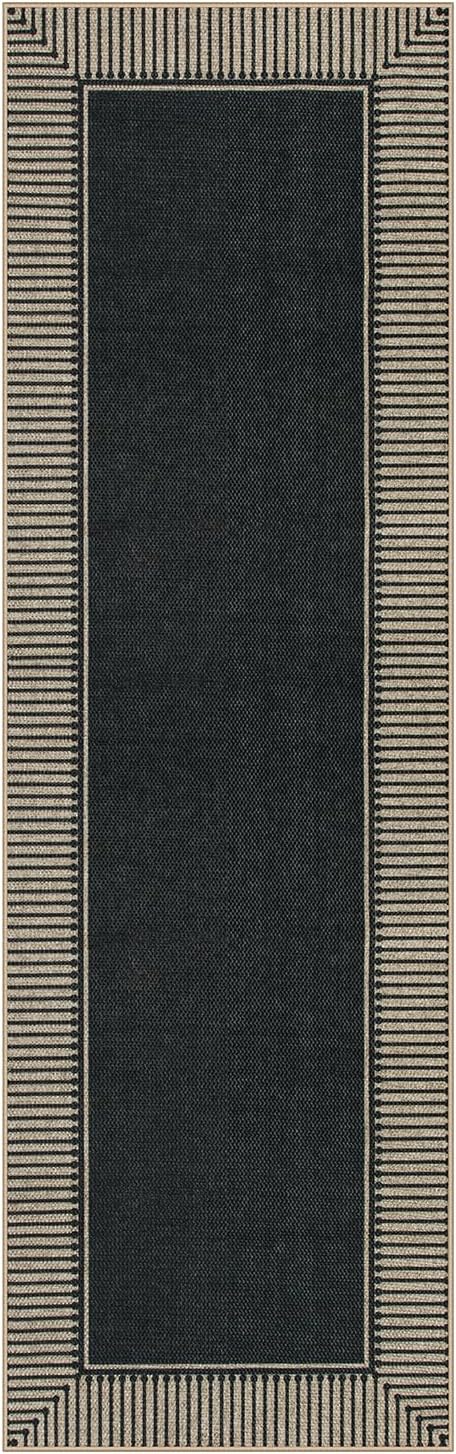 Moynesa Washable Black Striped Border Easy Jute Runner Rugs 2.5x8, Entryway Rug Runners for Kitchen, Farmhouse Indoor Outdoor Non Slip Carpet for Hallways Bathroom Bedroom Laundry