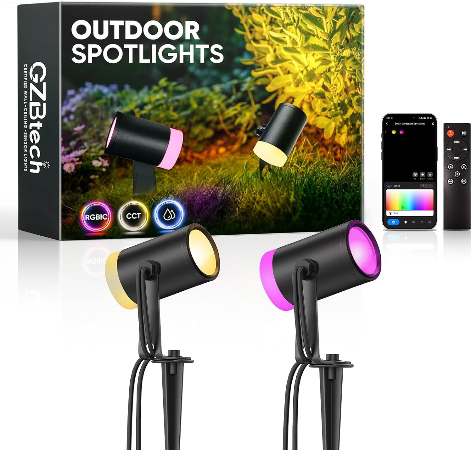 GZBtech Waterproof Landscape Spotlights, 24V RGB+IC+CCT Color Changing Outdoor Pathway Lighting, App&Remote Control Work with Alexa, Aluminum Dimmable LED Spot Light for Garden Yard Decor, 2 Pack