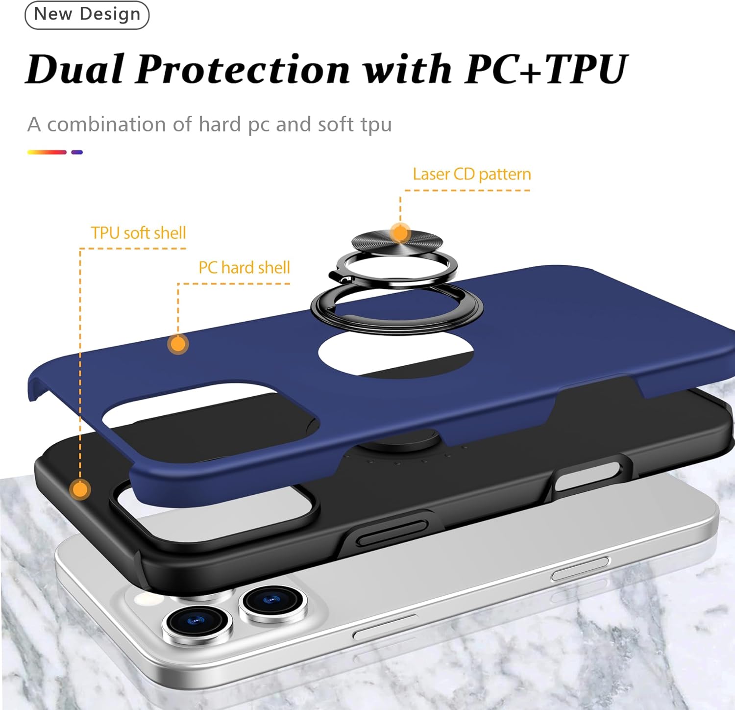 PELEPUES Shockproof Case for iPhone 16 Pro Max, [Embedded Finger Ring] Military Grade Phone Case Cover with Reinforced Metal Stand Kickstand [Support Magnetic Car Holder] for iPhone 16 6.9'', Blue - Image 5